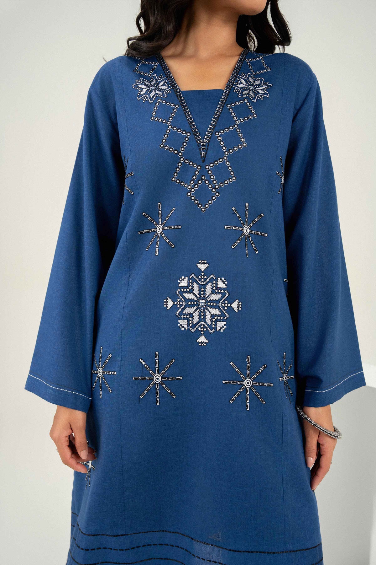 Blue 2-Piece Embroidered Suit in Karandi ready-to-wear