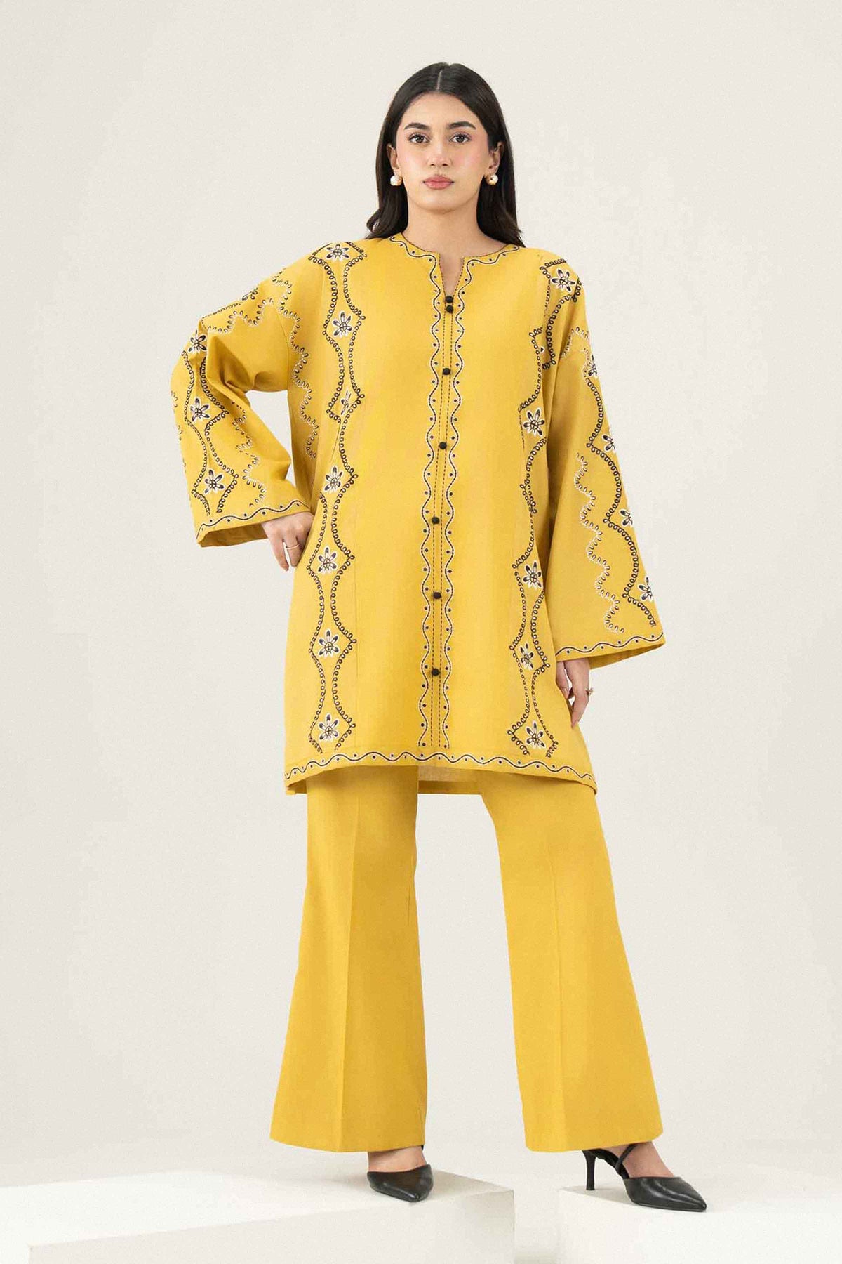 Yellow 2-Piece Embroidered Suit in Khaddar ready-to-wear