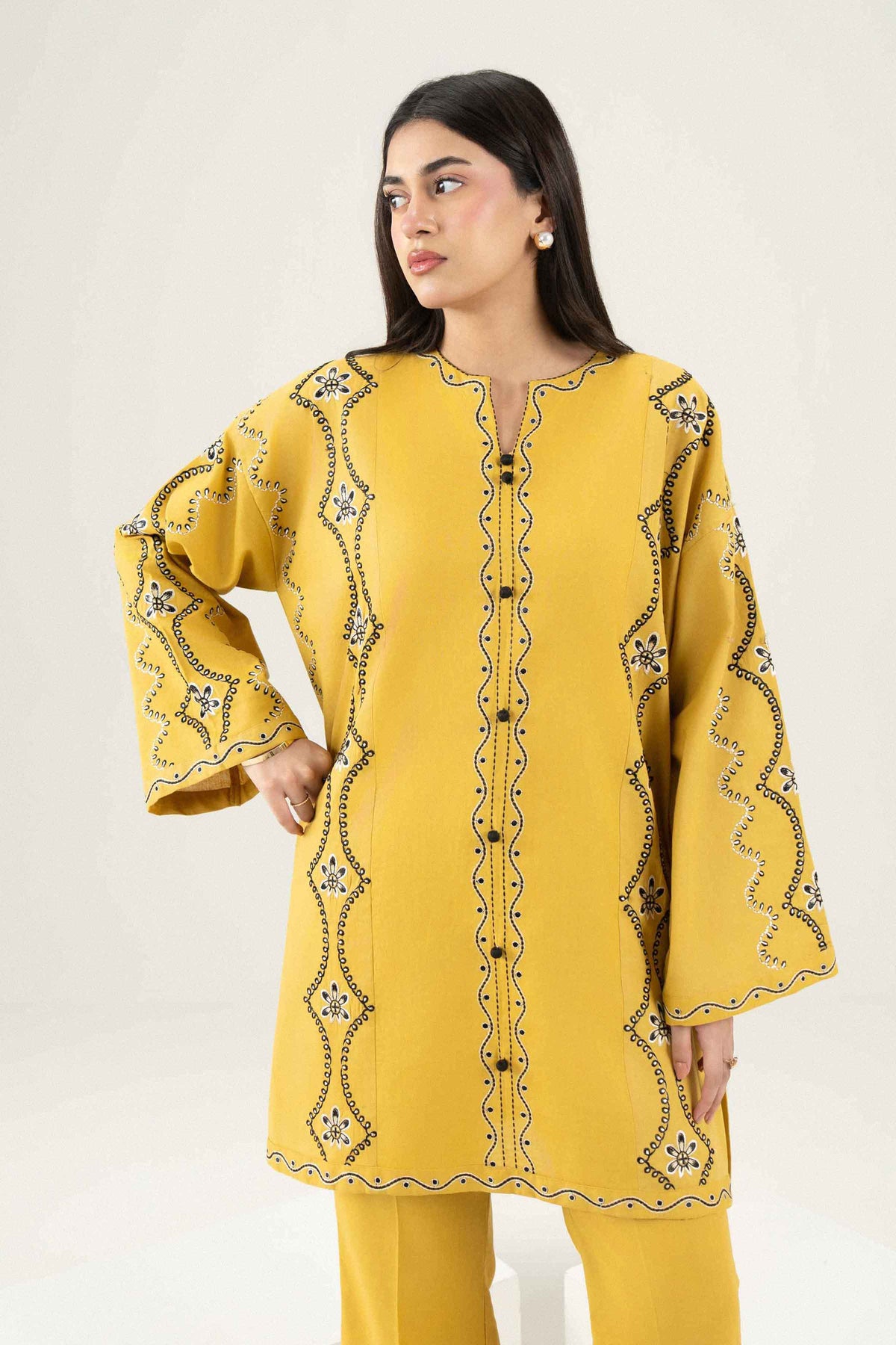 Yellow 2-Piece Embroidered Suit in Khaddar ready-to-wear