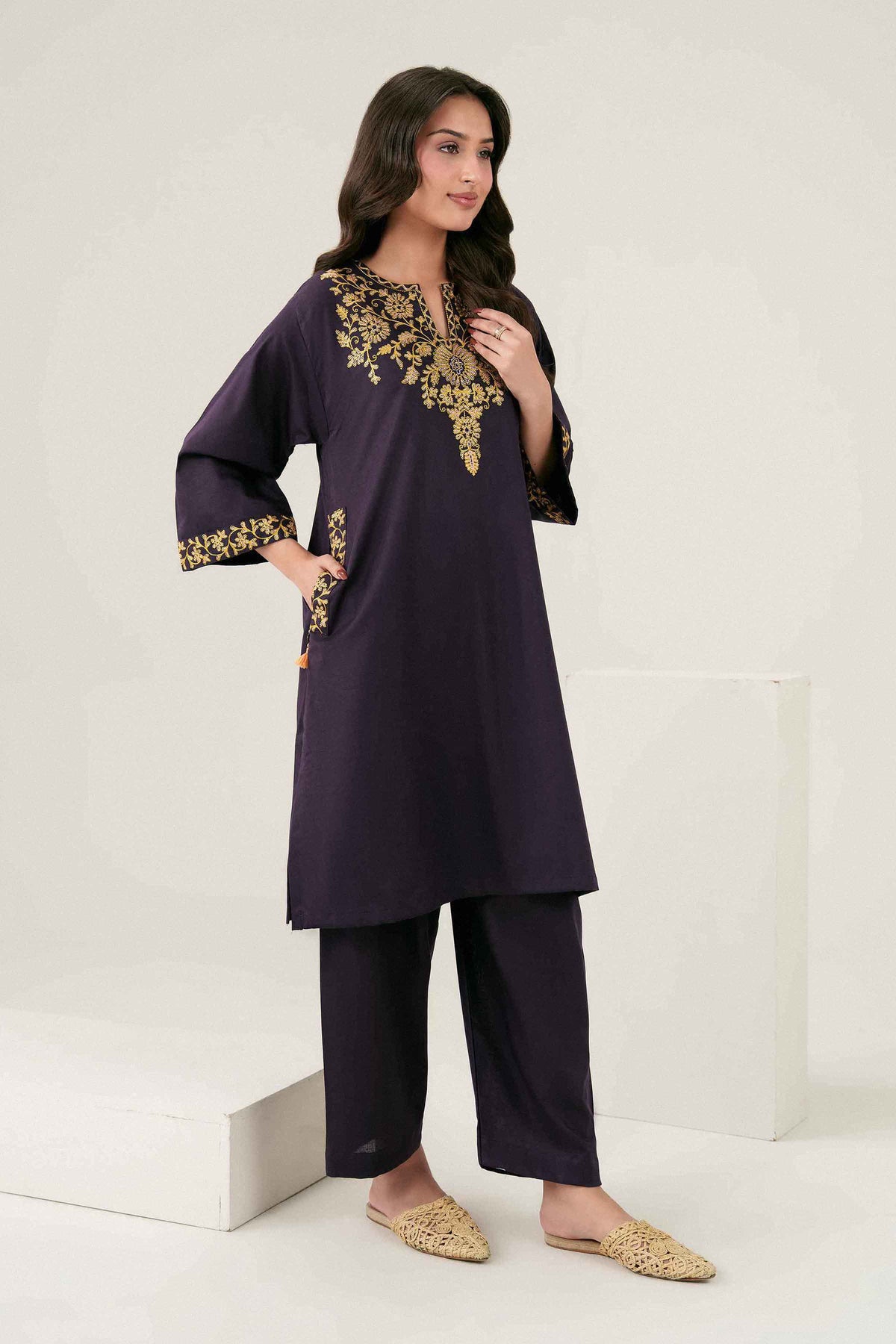 Purple 2-Piece Embroidered Suit in Karandi ready-to-wear