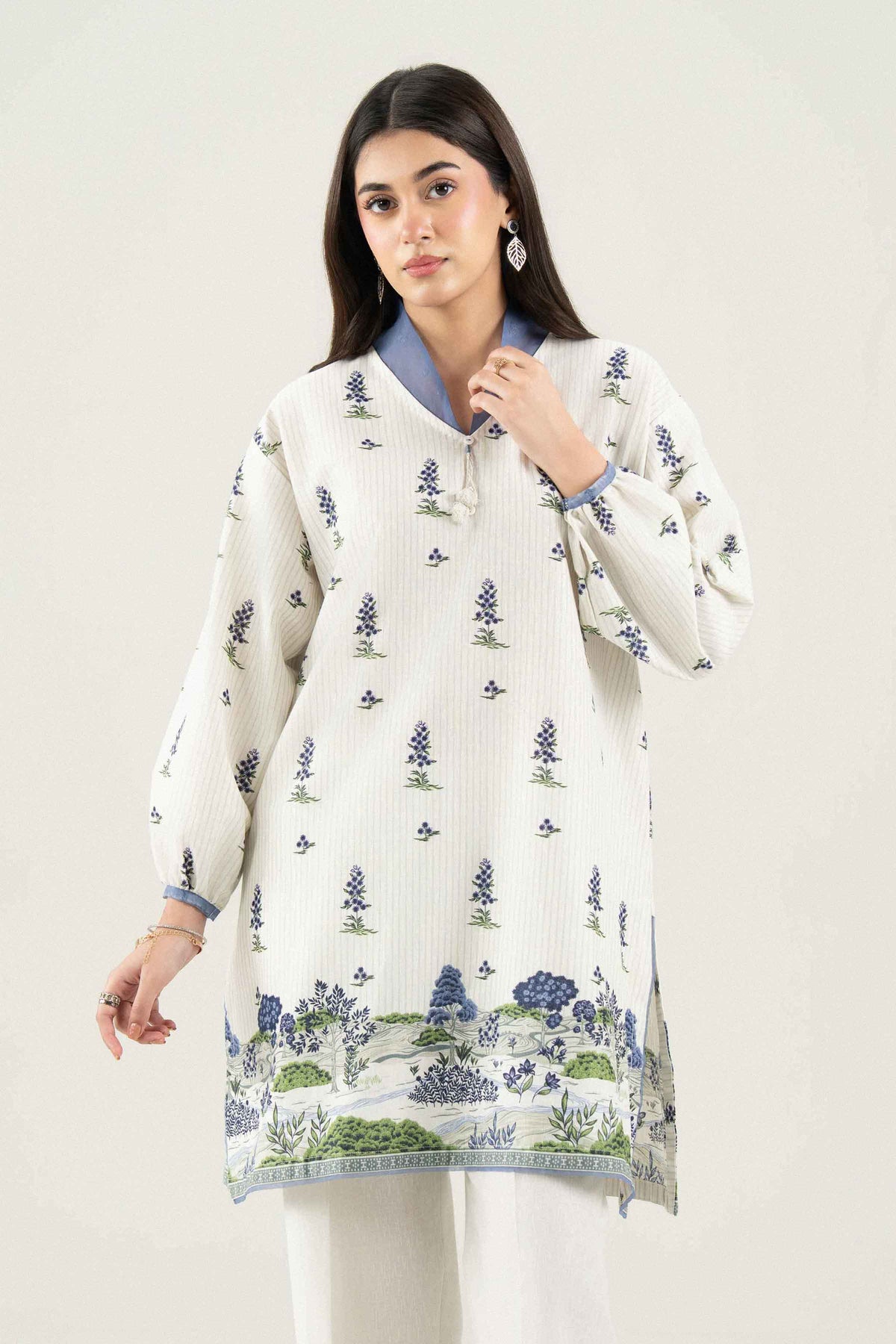 Off White 2-Piece Printed Embroidered Suit in Karandi ready-to-wear