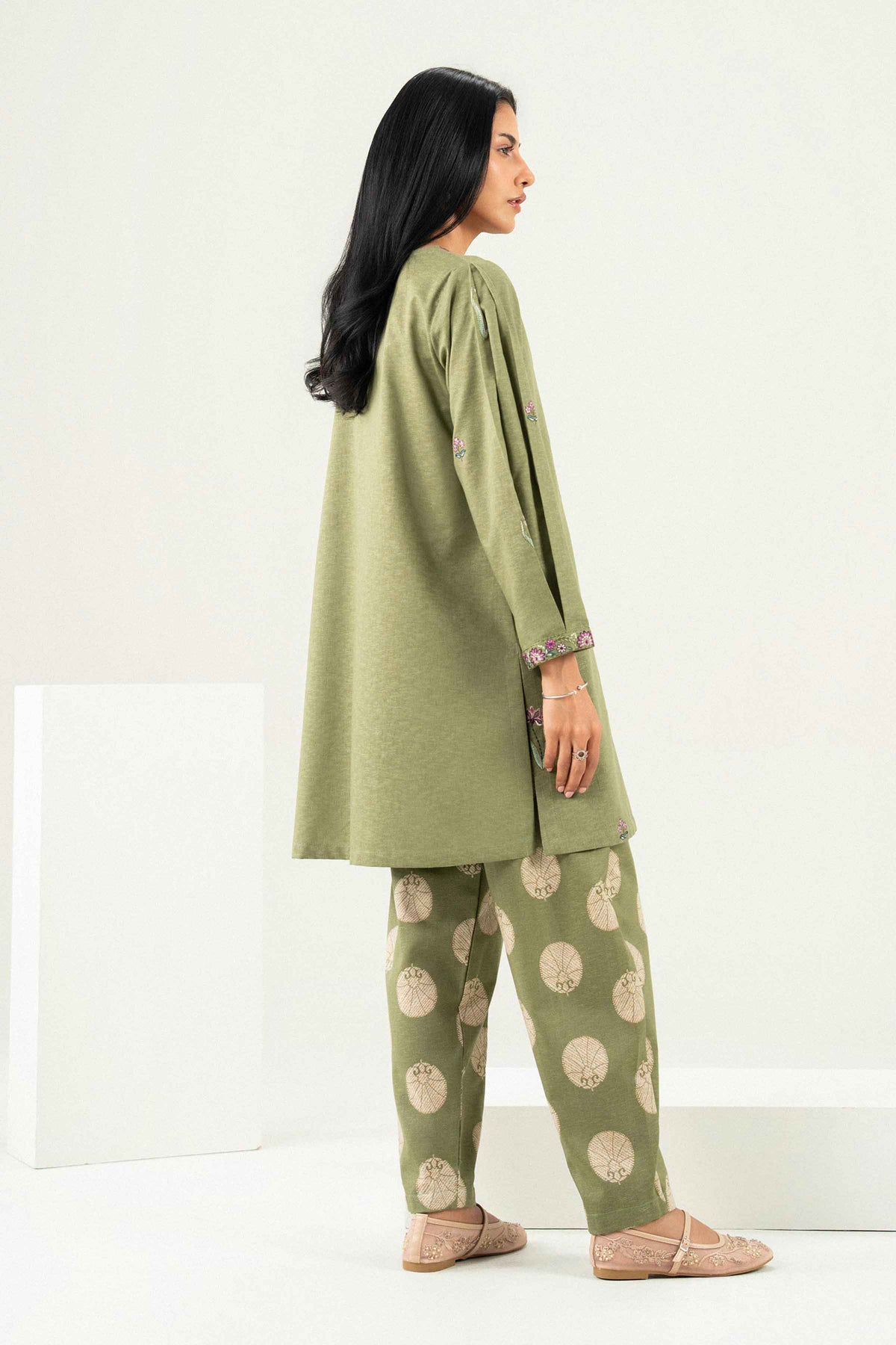 Green 2-Piece Embroidered Suit in Karandi ready-to-wear