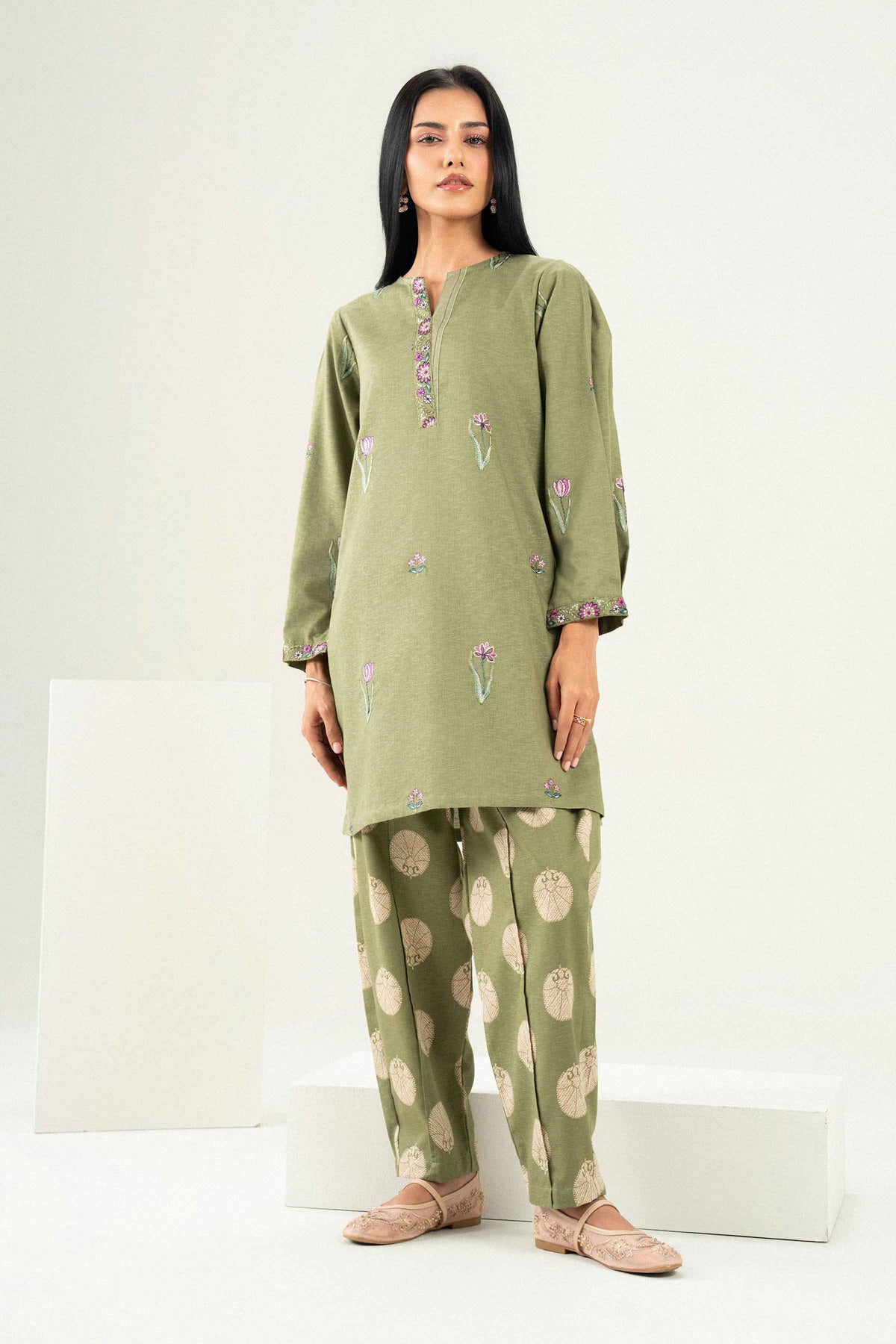 Green 2-Piece Embroidered Suit in Karandi ready-to-wear