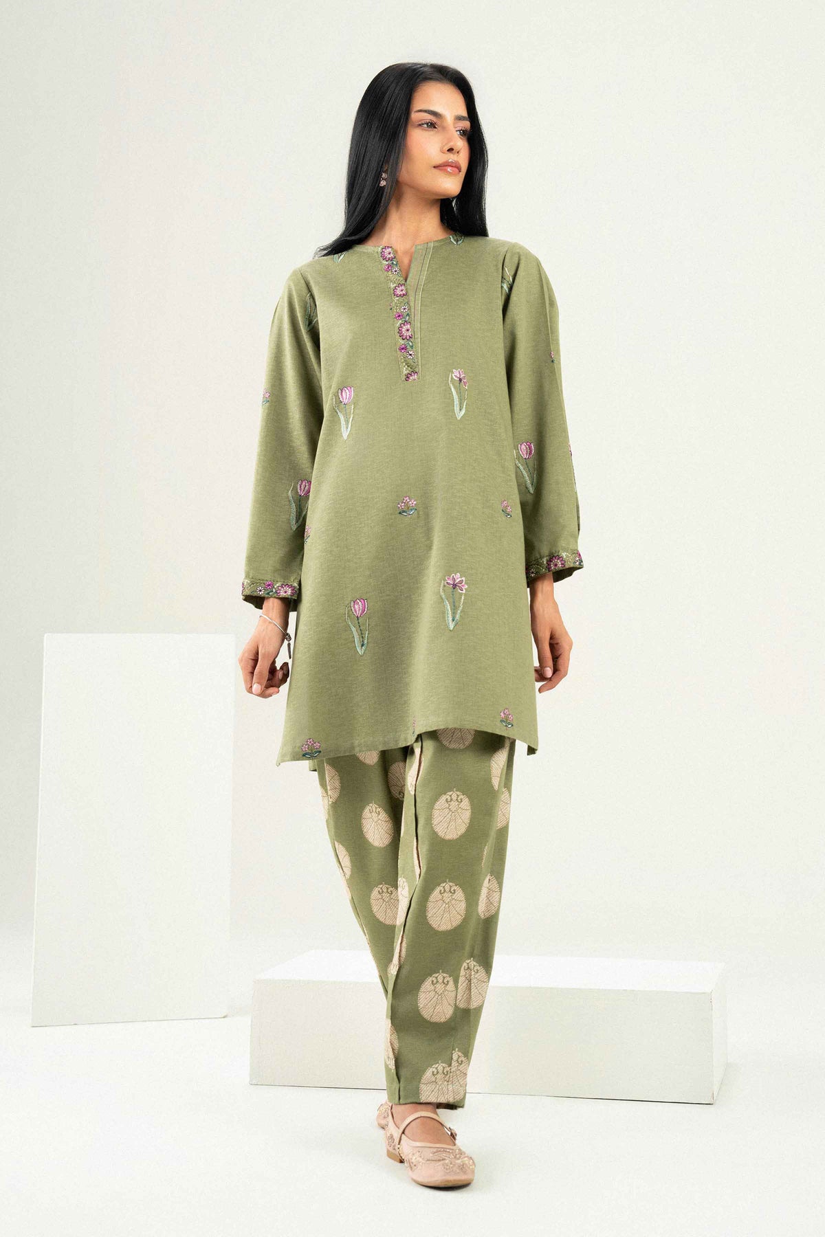 Green 2-Piece Embroidered Suit in Karandi ready-to-wear