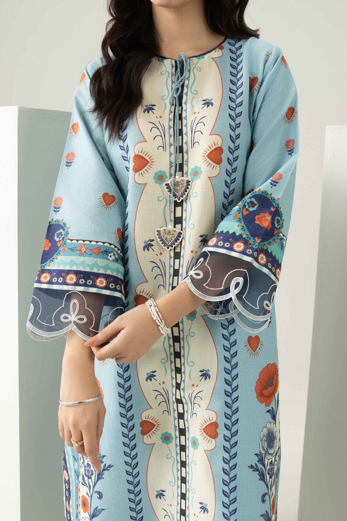 Blue 2-Piece Printed Embroidered Suit in Dobby ready-to-wear