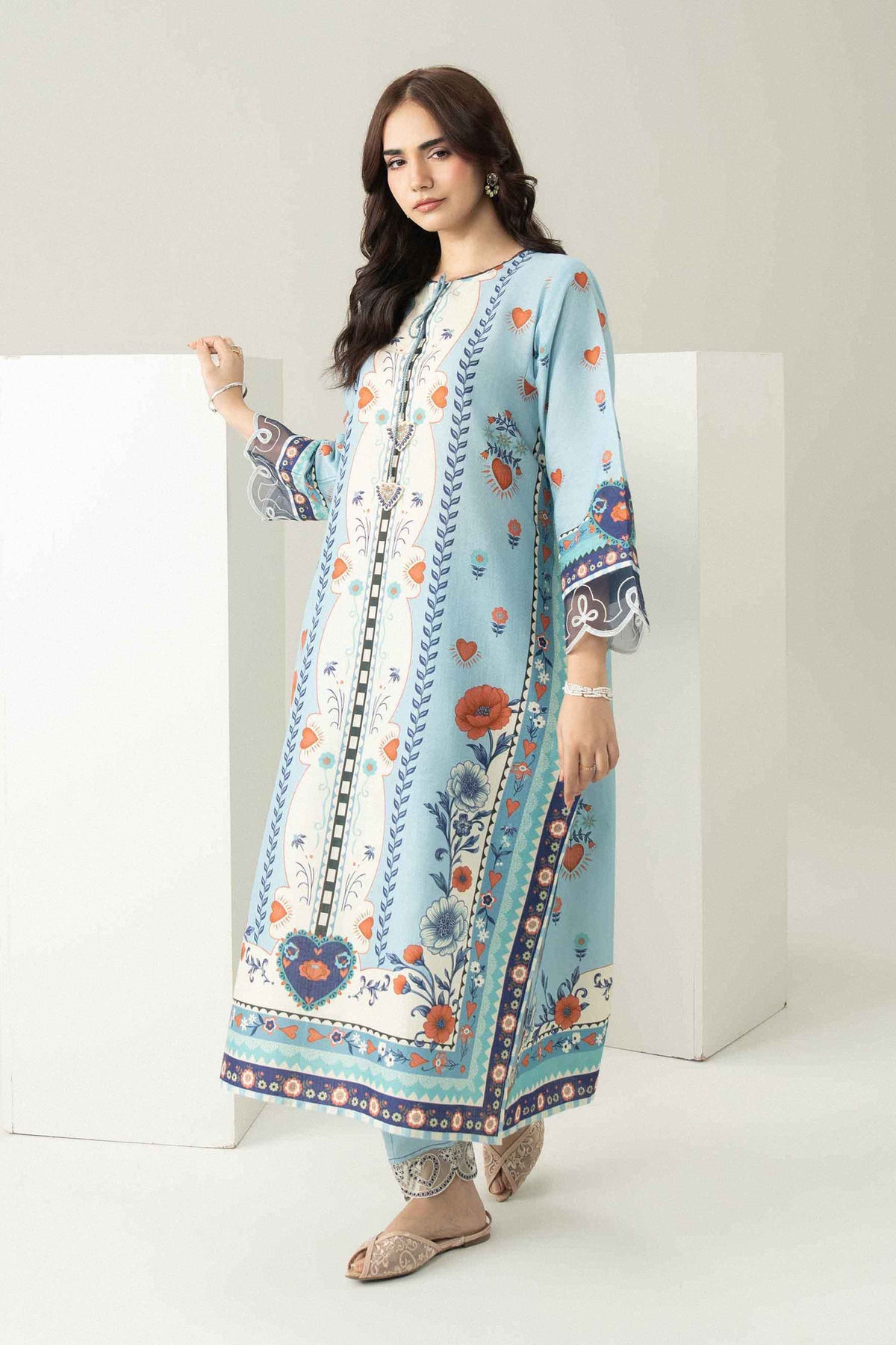 Blue 2-Piece Printed Embroidered Suit in Dobby ready-to-wear