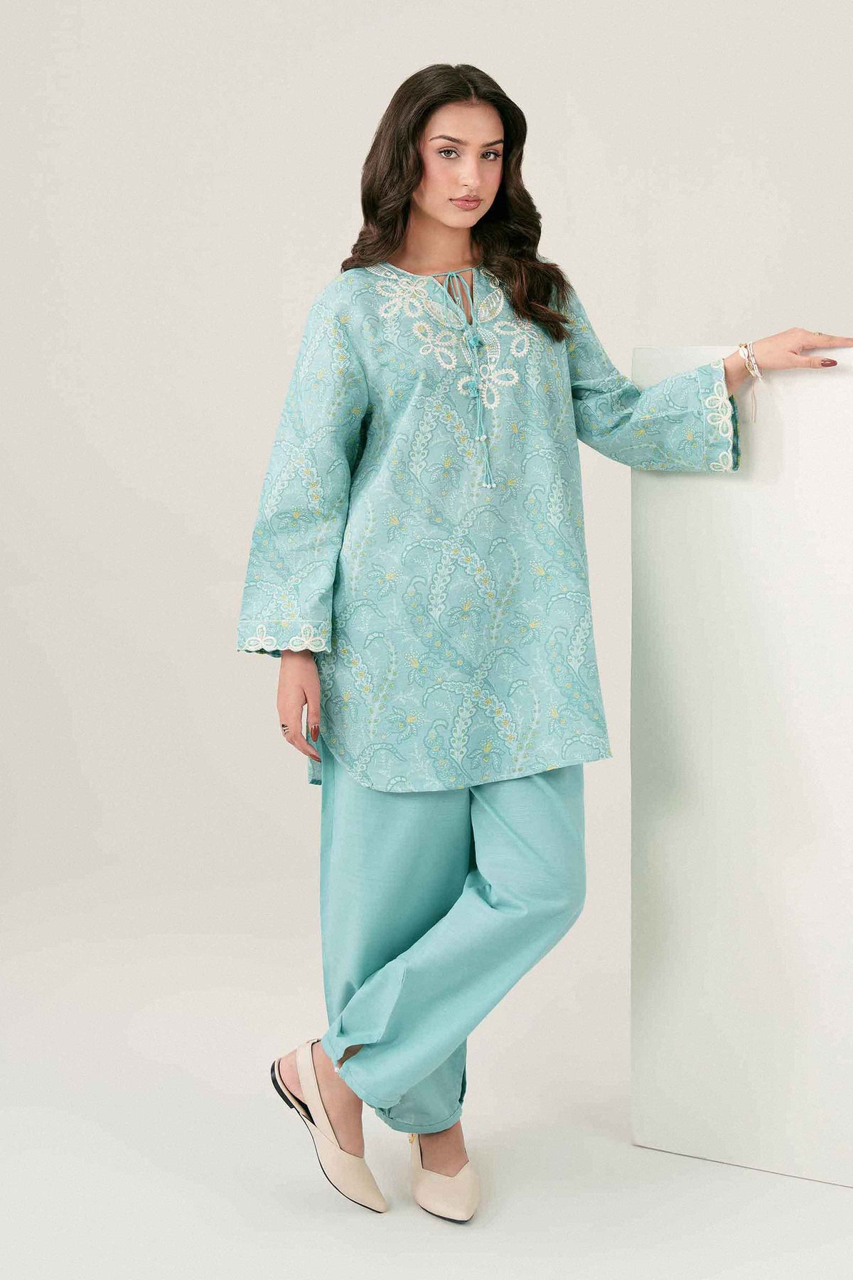 Green 2-Piece Printed Embroidered Suit in Khaddar ready-to-wear