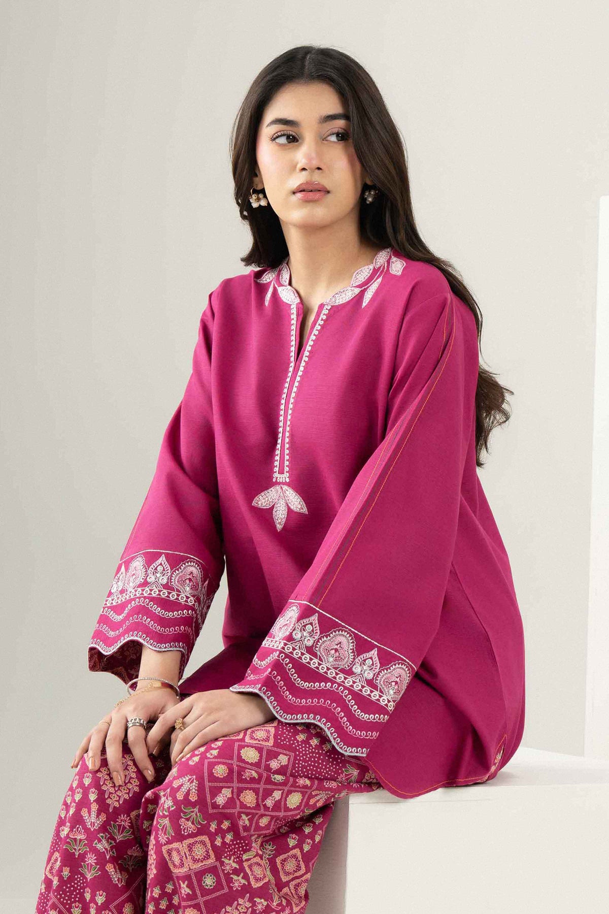Pink 2-Piece Printed Embroidered Suit in Khaddar ready-to-wear