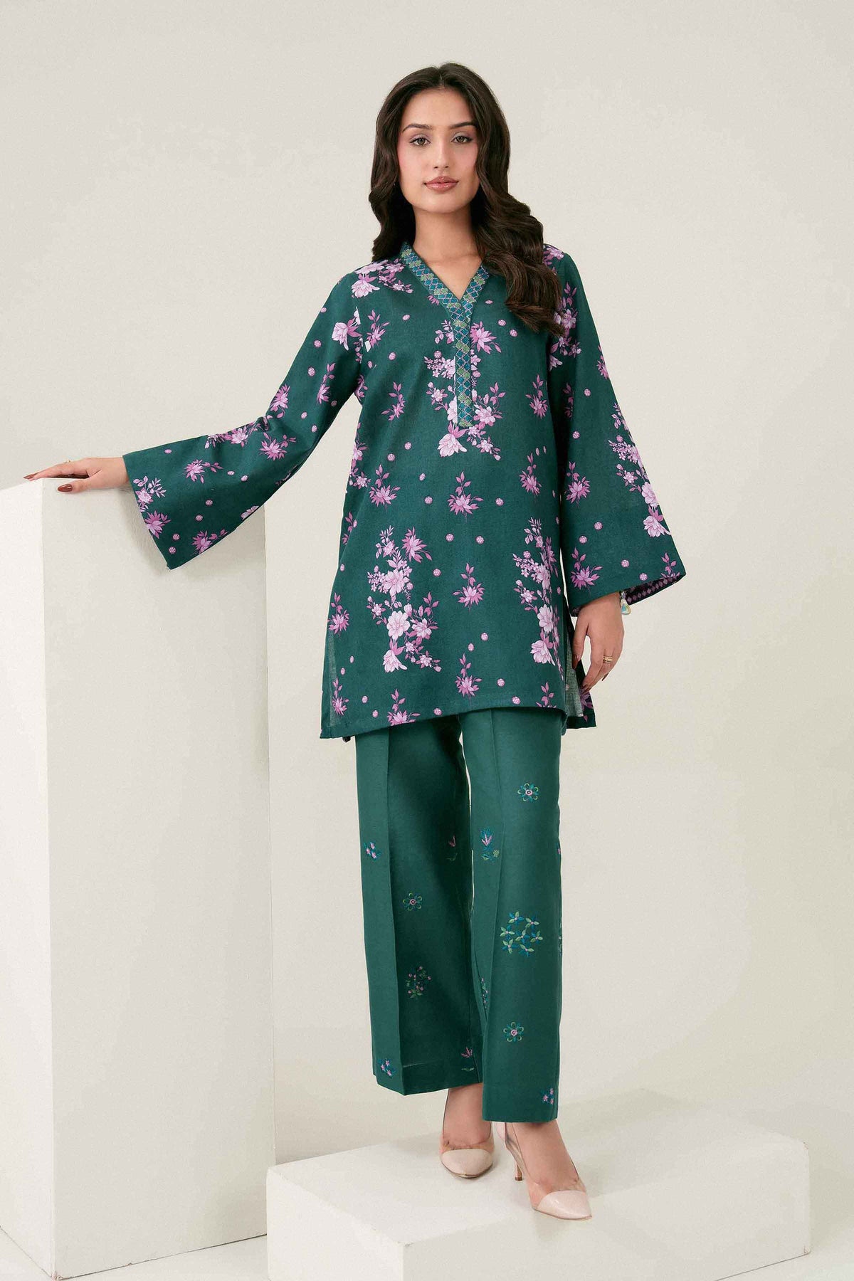 Green 2-Piece Printed Embroidered Suit in Khaddar ready-to-wear