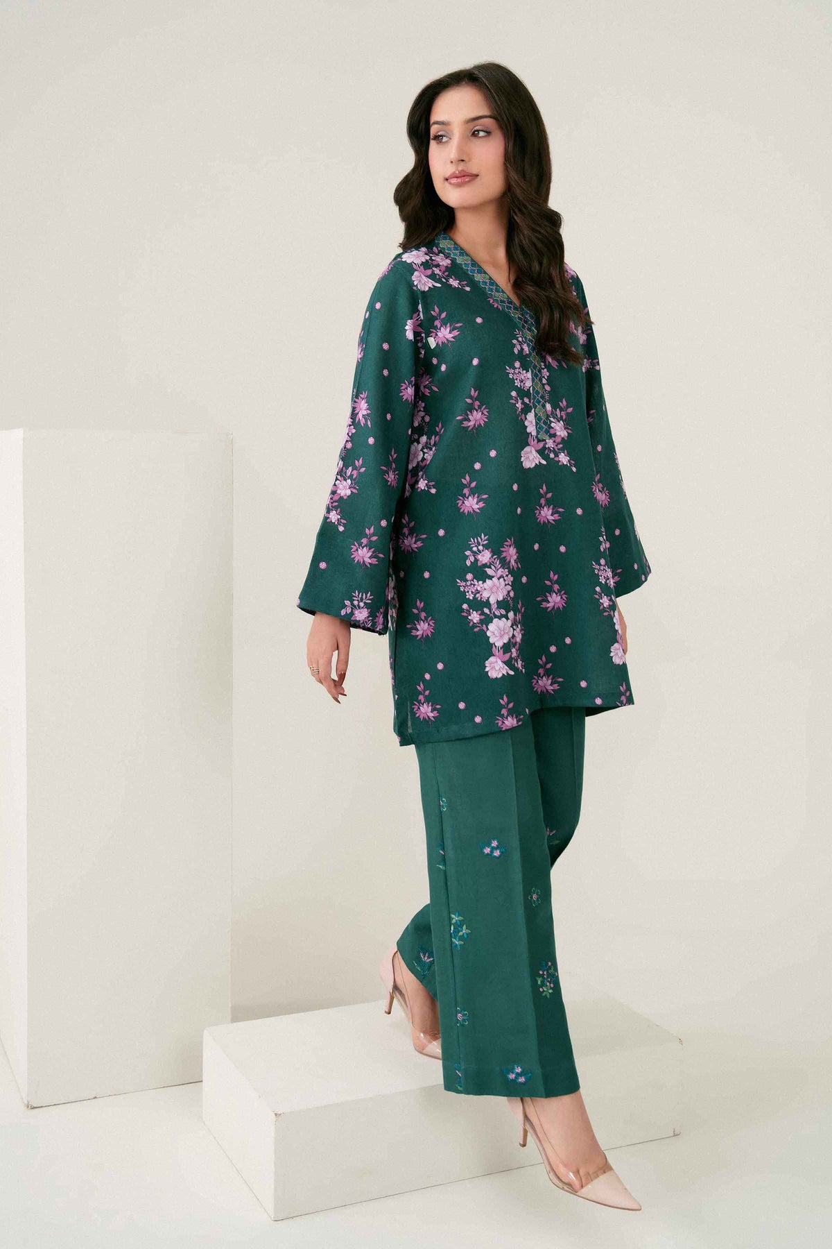 Green 2-Piece Printed Embroidered Suit in Khaddar ready-to-wear