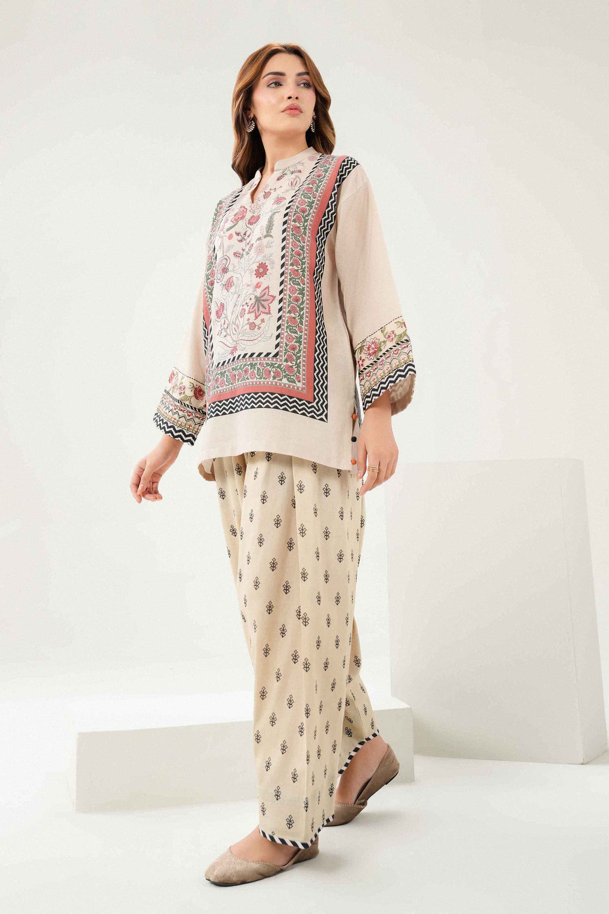 Beige 2-Piece Printed Embroidered Suit in Khaddar ready-to-wear