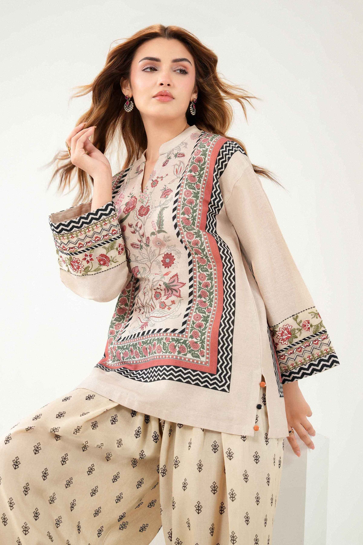 Beige 2-Piece Printed Embroidered Suit in Khaddar ready-to-wear