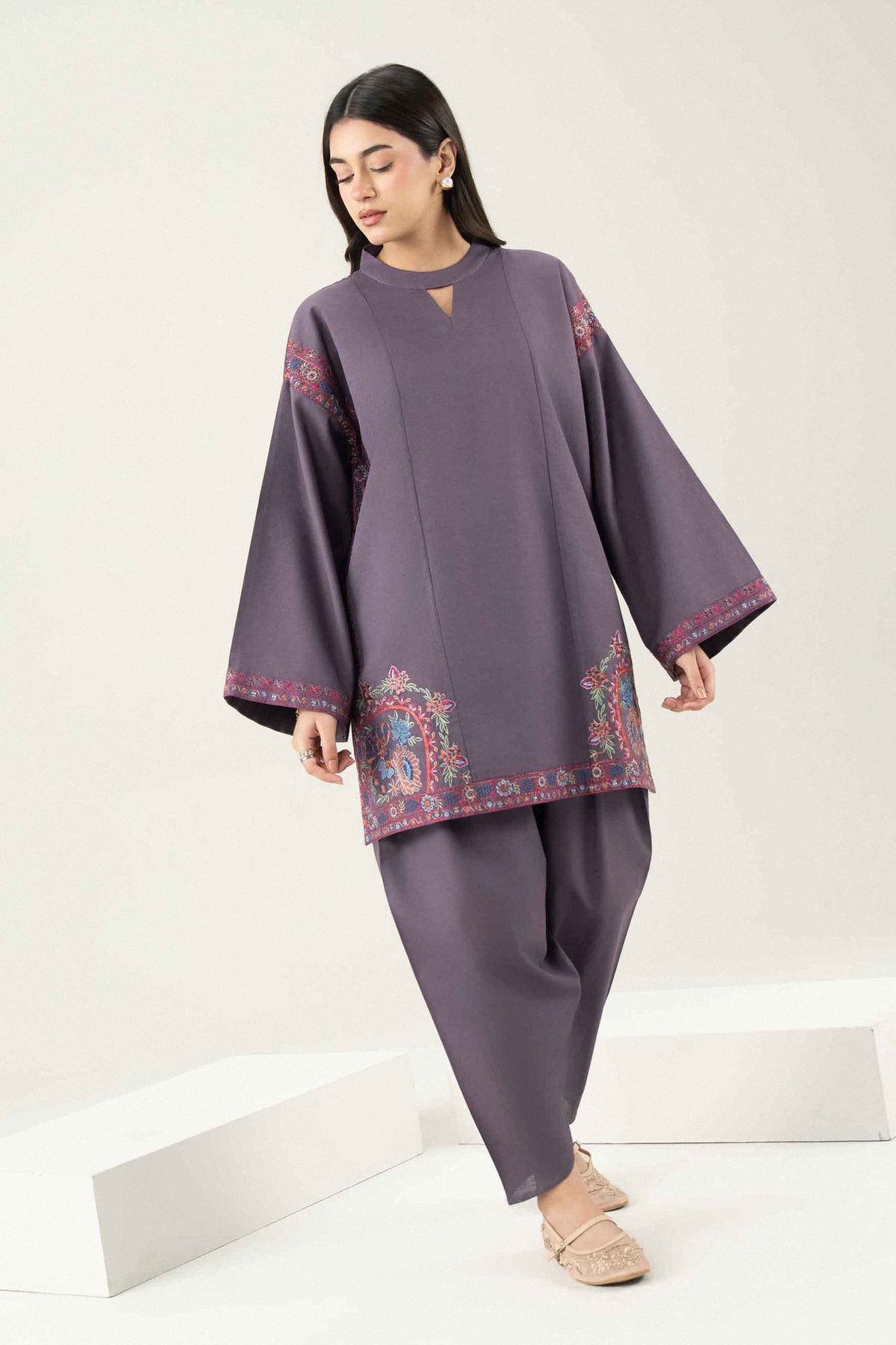 Purple 2-Piece Embroidered Suit in Khaddar ready-to-wear