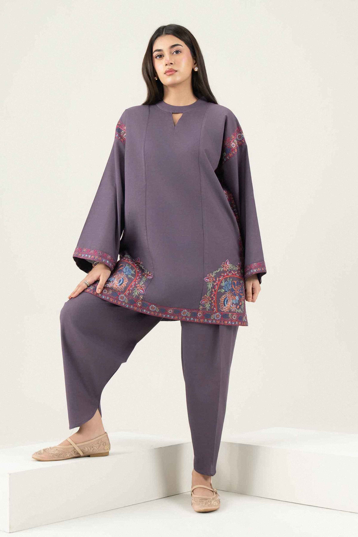 Purple 2-Piece Embroidered Suit in Khaddar ready-to-wear