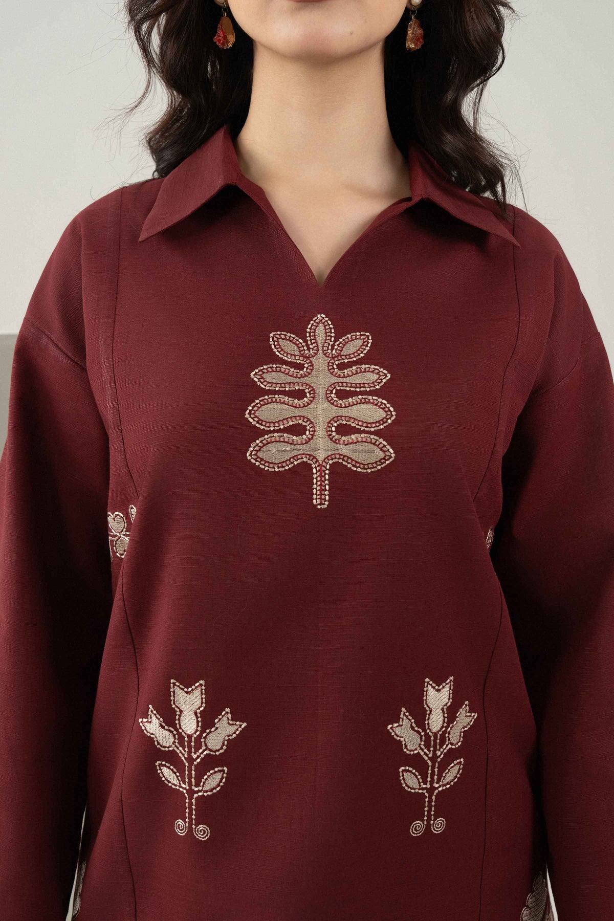 Brown 2-Piece Printed Embroidered Suit in Khaddar ready-to-wear
