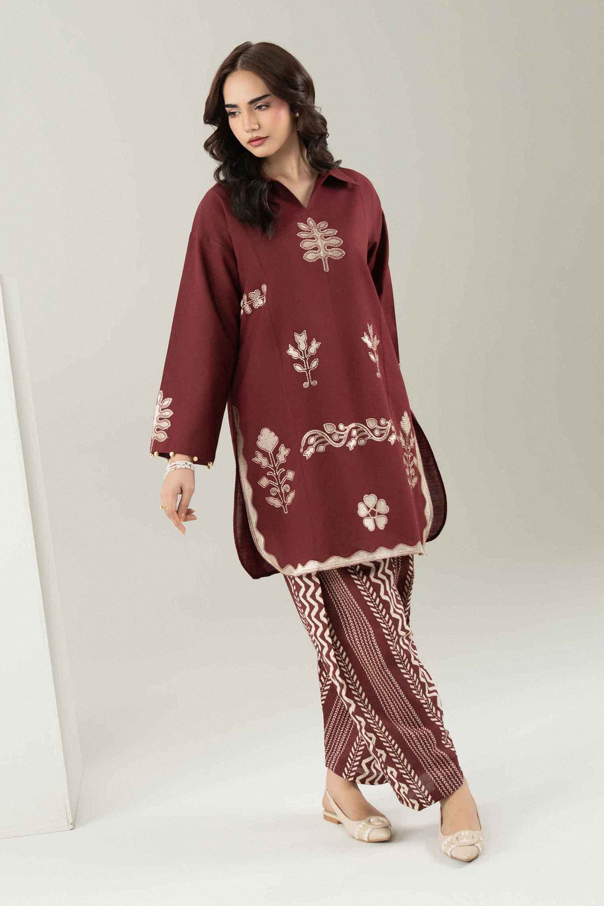 Brown 2-Piece Printed Embroidered Suit in Khaddar ready-to-wear