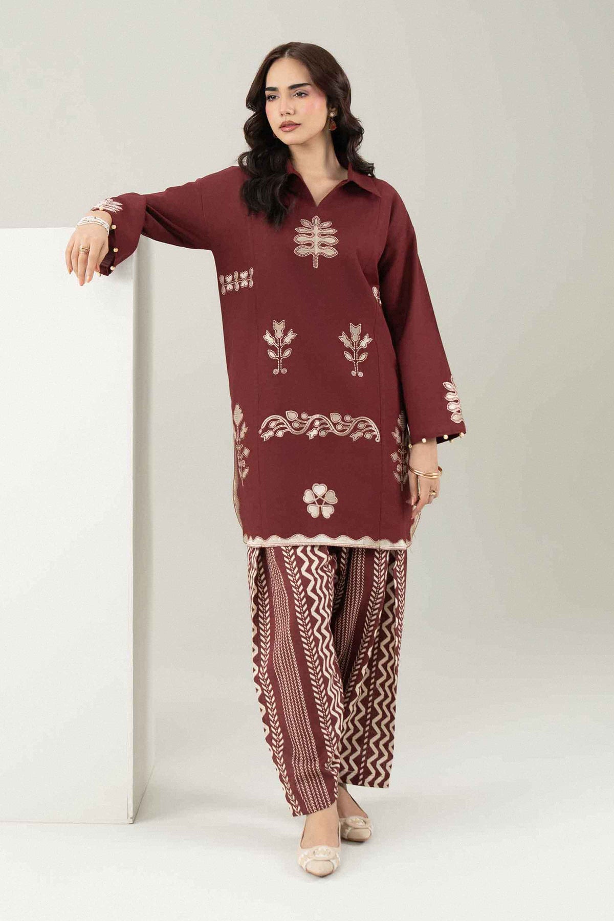 Brown 2-Piece Printed Embroidered Suit in Khaddar ready-to-wear