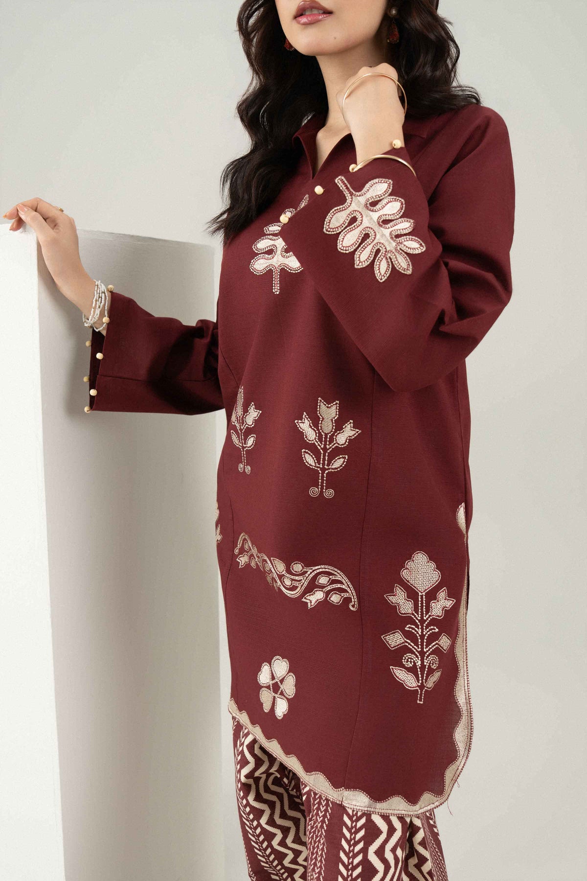 Brown 2-Piece Printed Embroidered Suit in Khaddar ready-to-wear