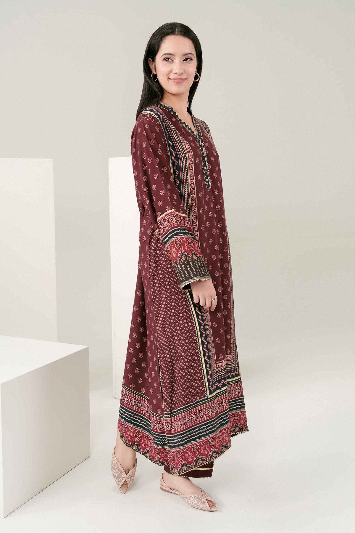 Maroon 2-Piece Printed Suit in Linen ready-to-wear