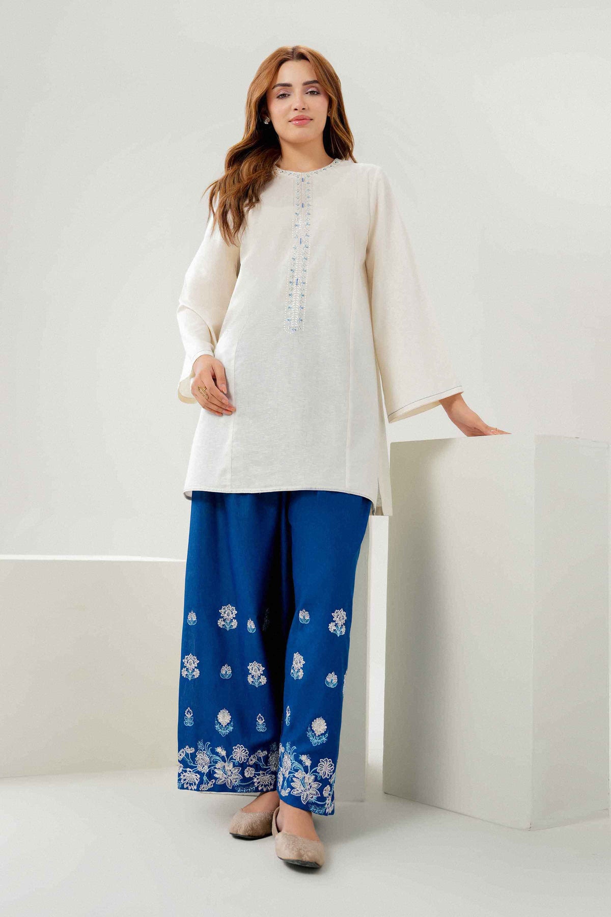 Off White 2-Piece Embroidered Suit in Karandi ready-to-wear