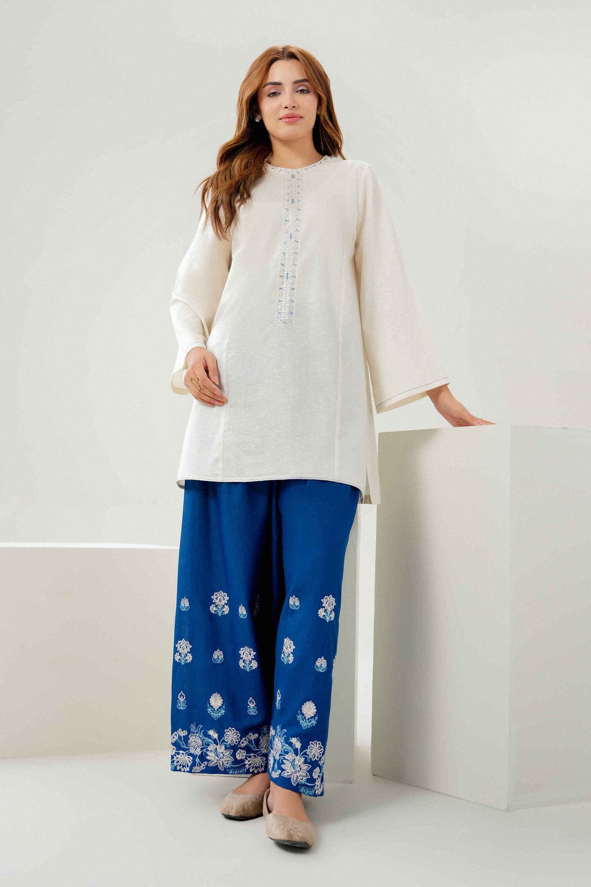Off White 2-Piece Embroidered Suit in Karandi ready-to-wear