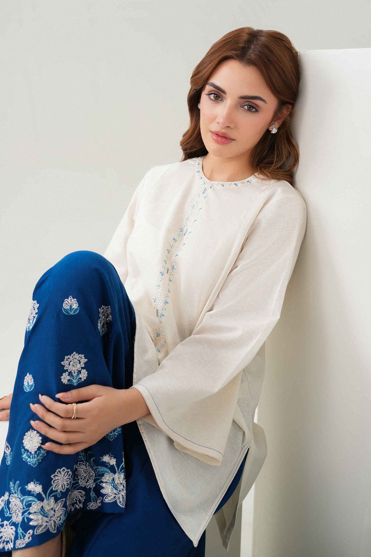 Off White 2-Piece Embroidered Suit in Karandi ready-to-wear