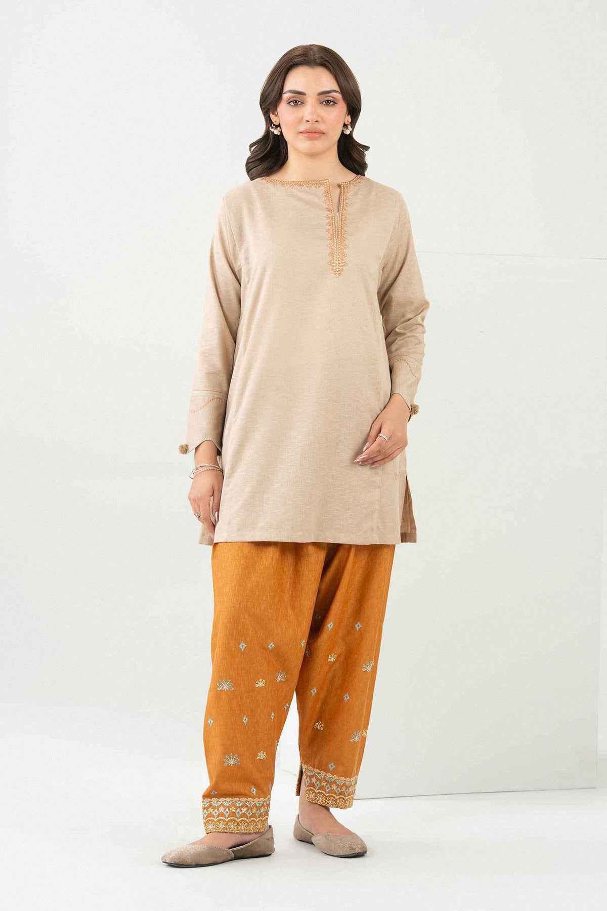 Beige 2-Piece Embroidered Suit in Karandi ready-to-wear
