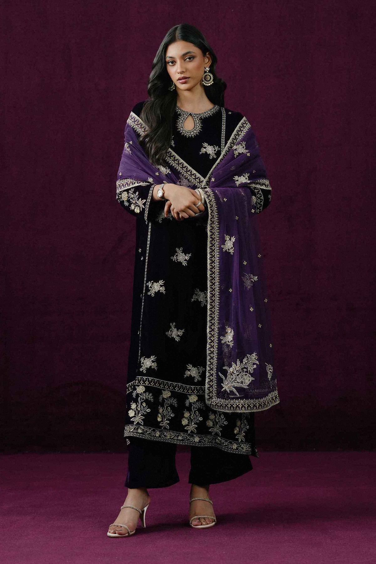 Purple 3-Piece Embroidered Suit in Velvet ready-to-wear