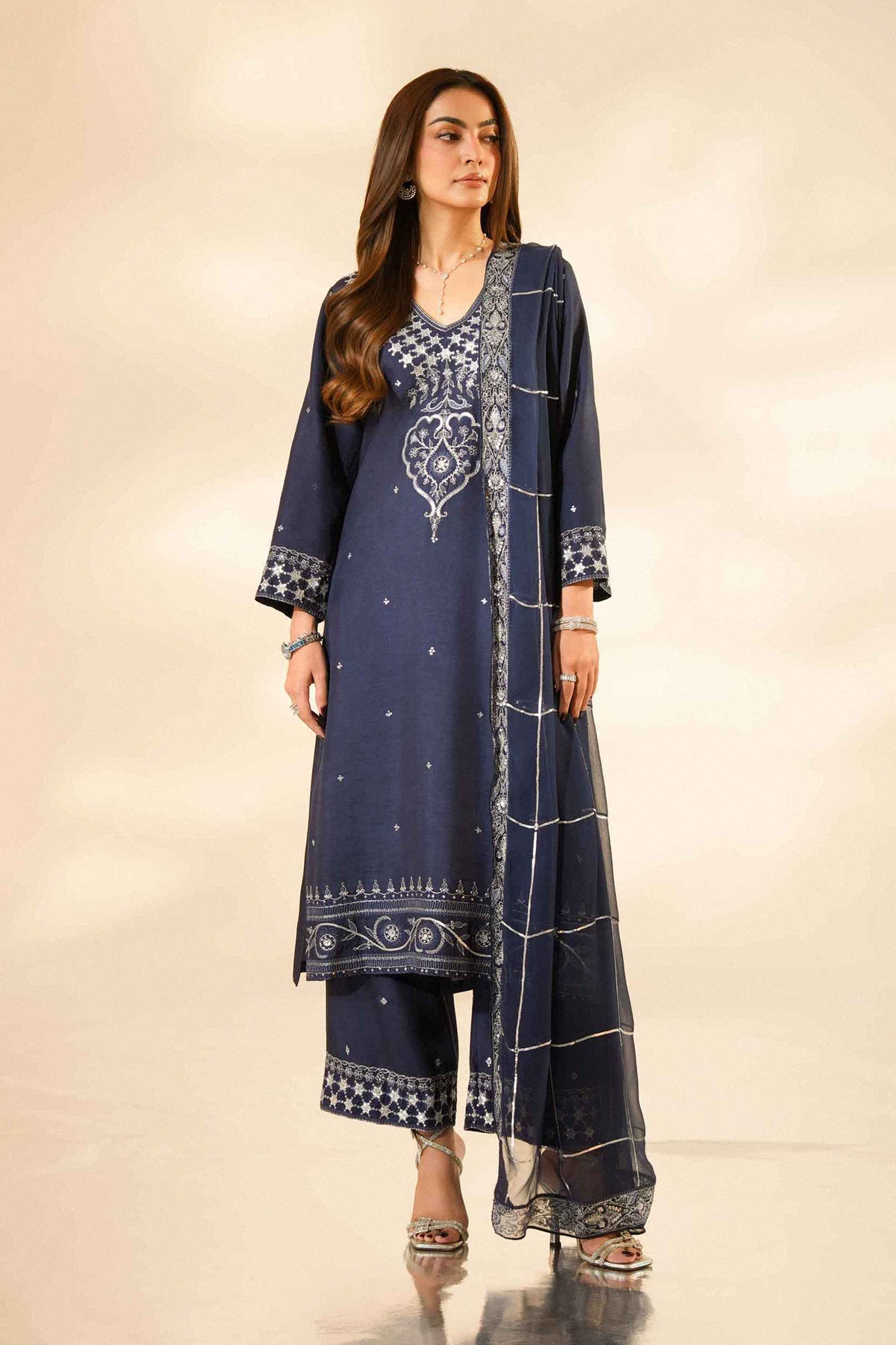 Blue 3-Piece Embroidered Suit in Silk ready-to-wear