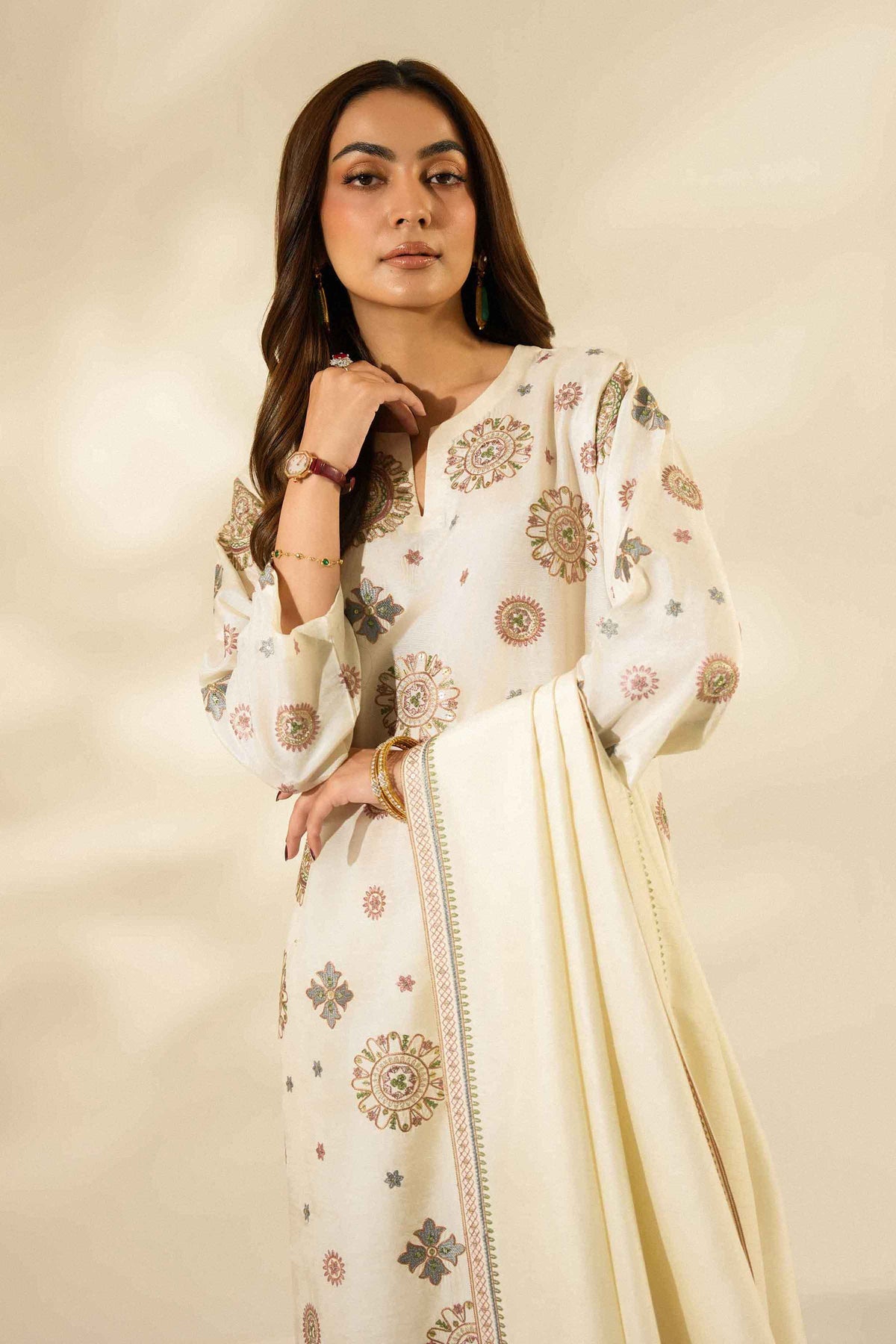 Off White 3-Piece Embroidered Suit in Silk ready-to-wear