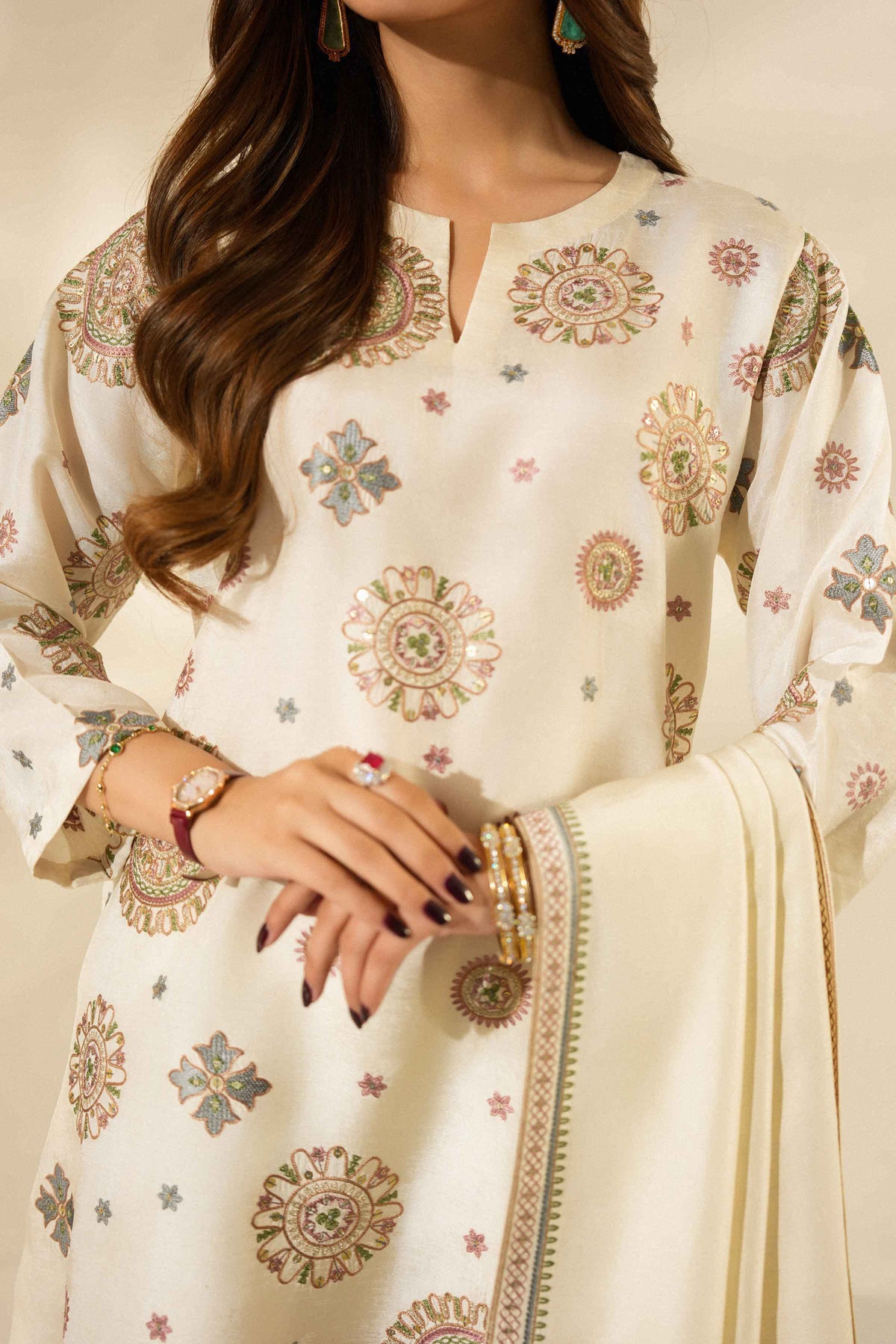 Off White 3-Piece Embroidered Suit in Silk ready-to-wear