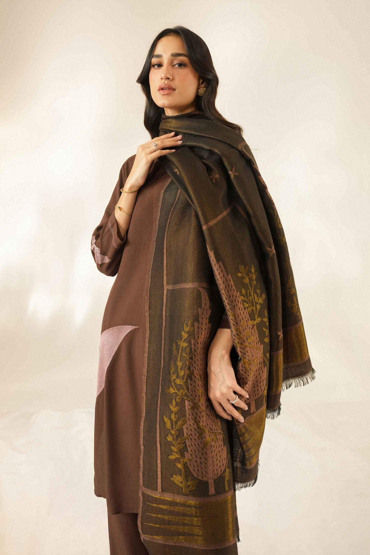 Brown 3-Piece Embroidered Suit in Silk ready-to-wear