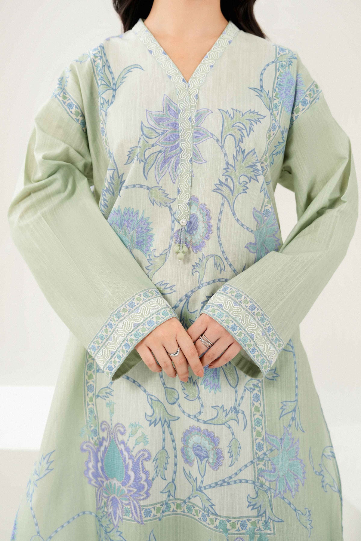 Green 3-Piece Printed Embroidered Suit in Khaddar ready-to-wear