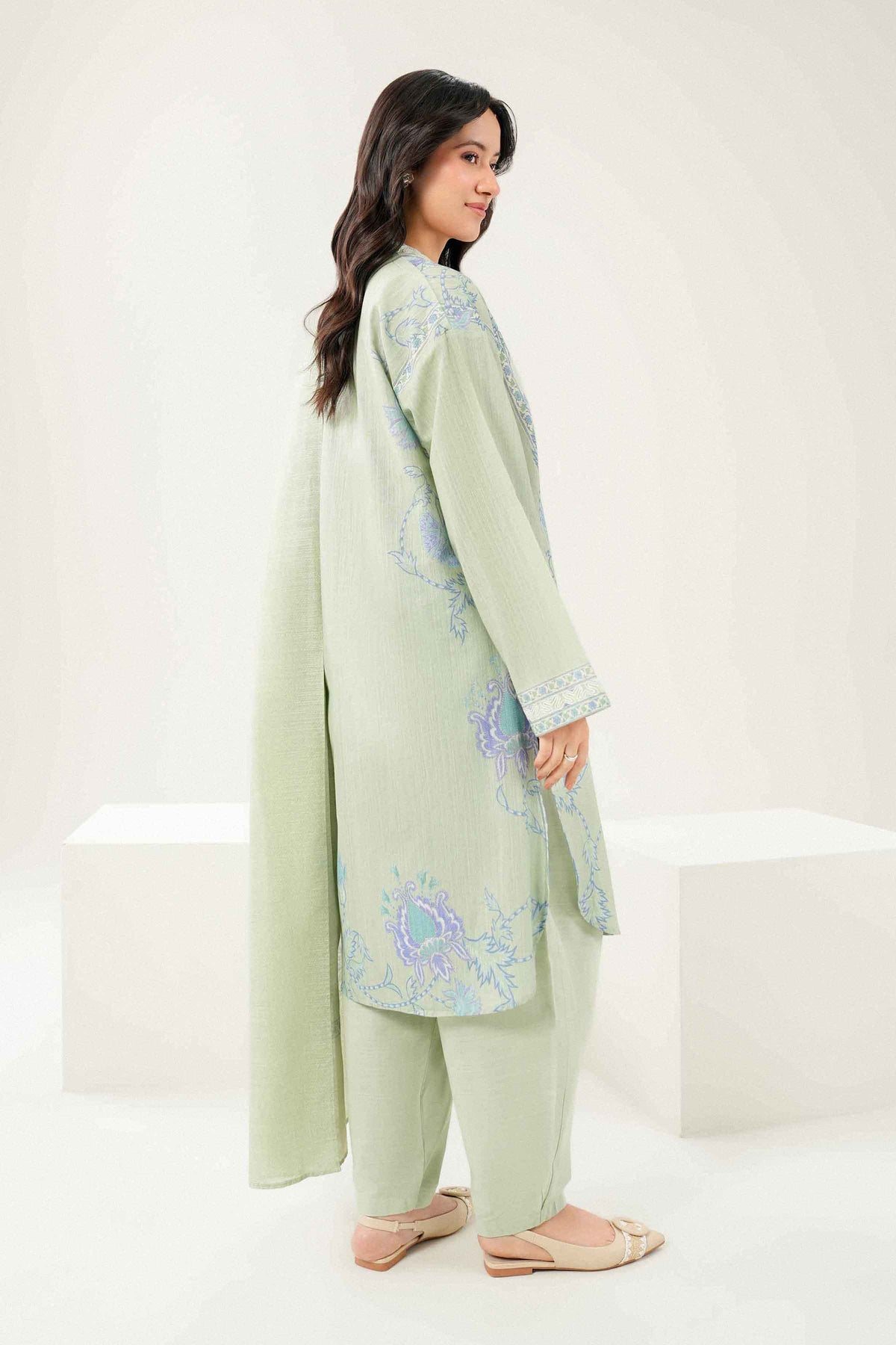 Green 3-Piece Printed Embroidered Suit in Khaddar ready-to-wear