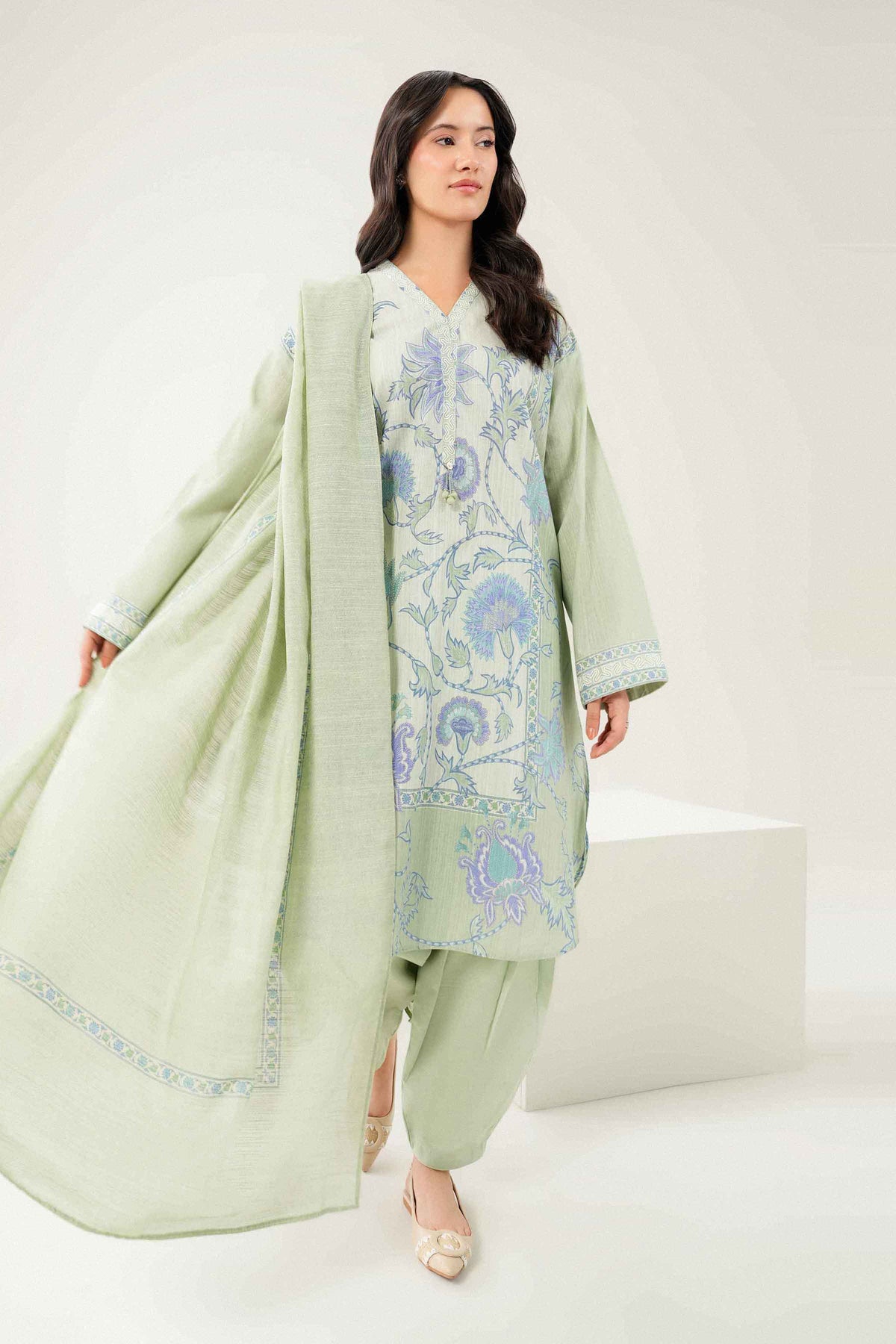 Green 3-Piece Printed Embroidered Suit in Khaddar ready-to-wear
