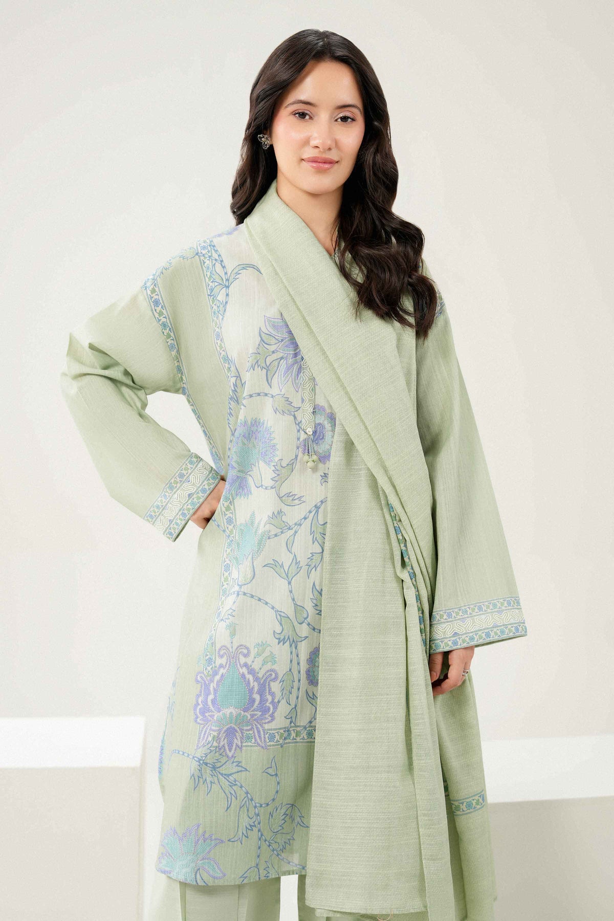 Green 3-Piece Printed Embroidered Suit in Khaddar ready-to-wear