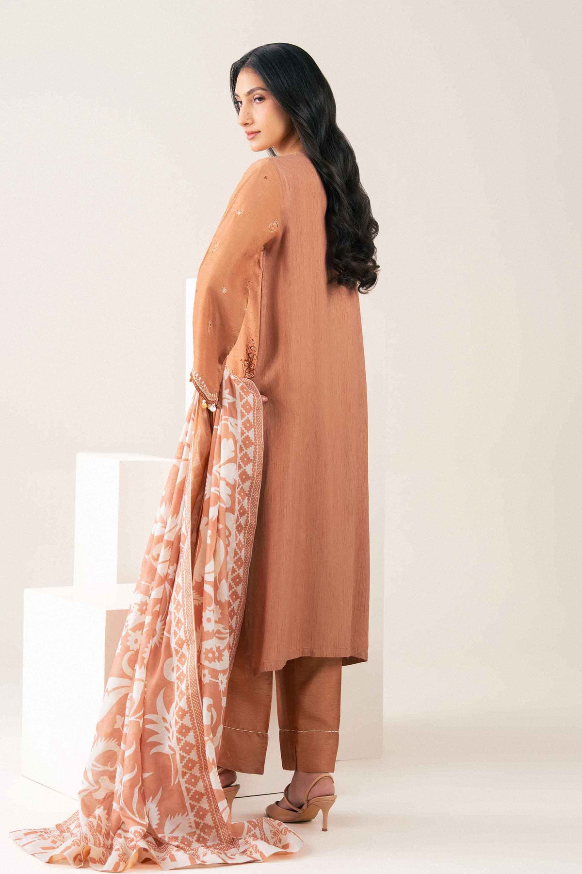 Orange 3-Piece Printed Embroidered Suit in Silk ready-to-wear