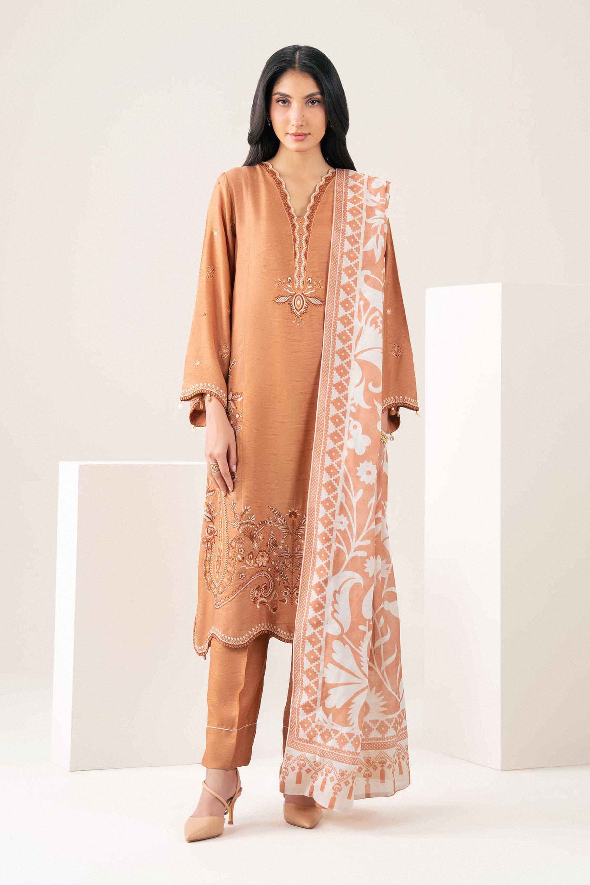 Orange 3-Piece Printed Embroidered Suit in Silk ready-to-wear