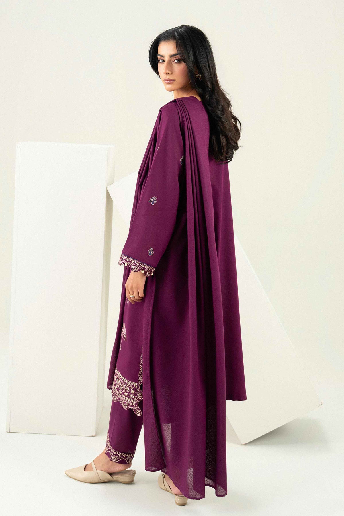 Purple 3-Piece Embroidered Suit in Karandi ready-to-wear