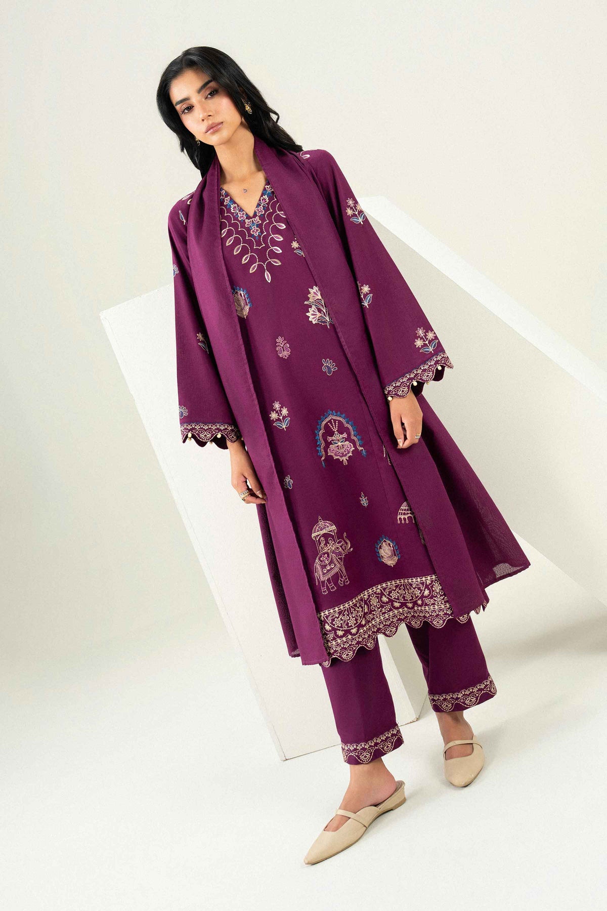 Purple 3-Piece Embroidered Suit in Karandi ready-to-wear