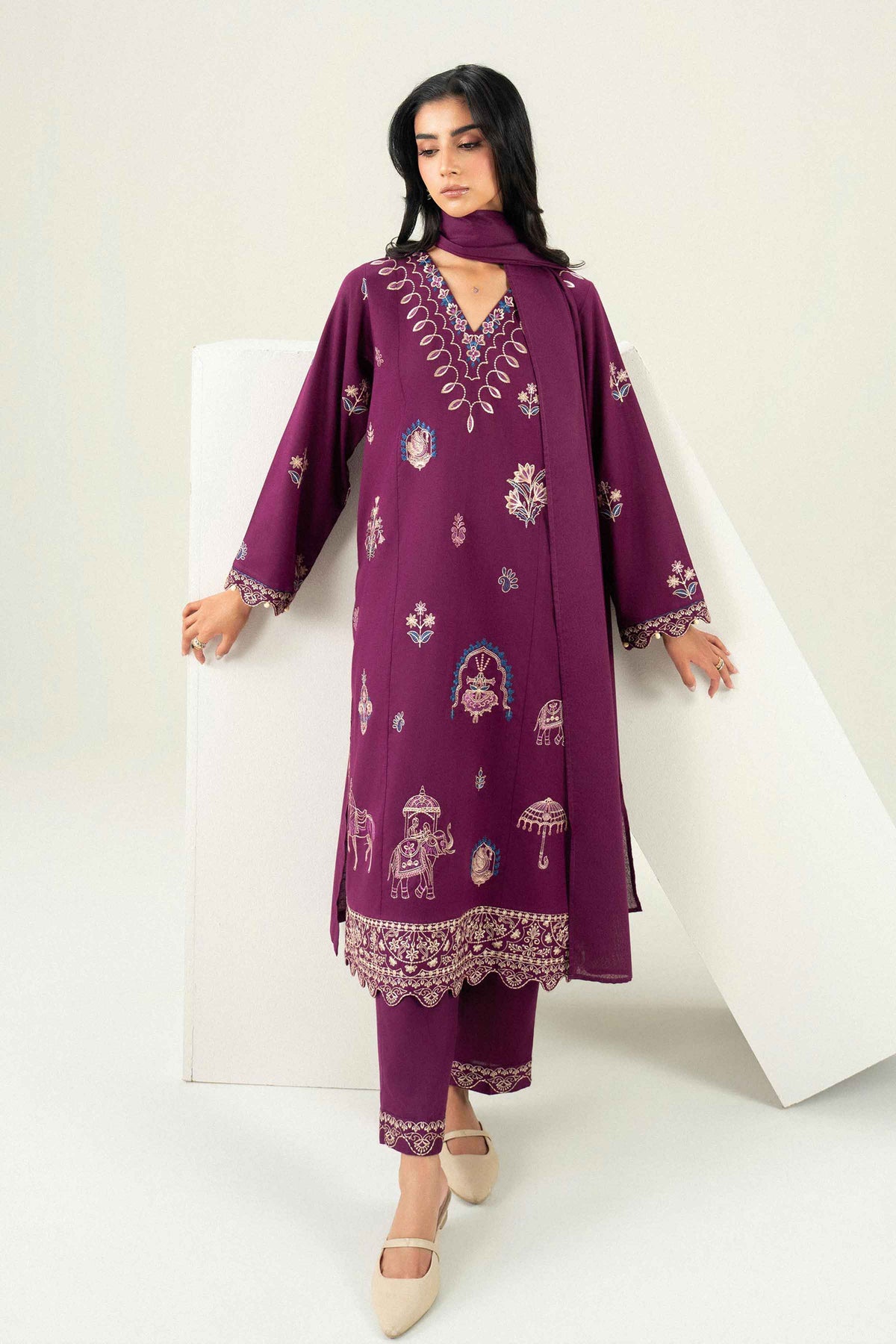 Purple 3-Piece Embroidered Suit in Karandi ready-to-wear
