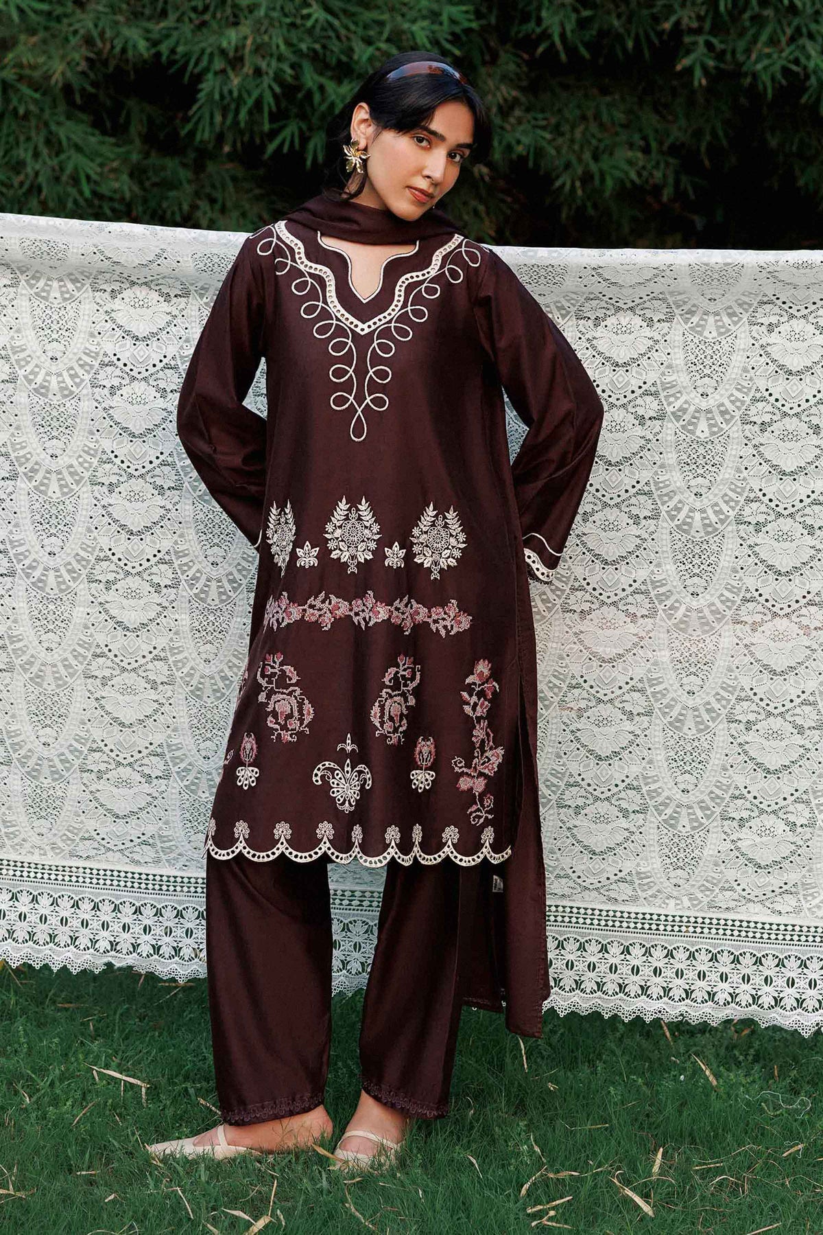Purple 3-Piece Embroidered Suit in Karandi ready-to-wear
