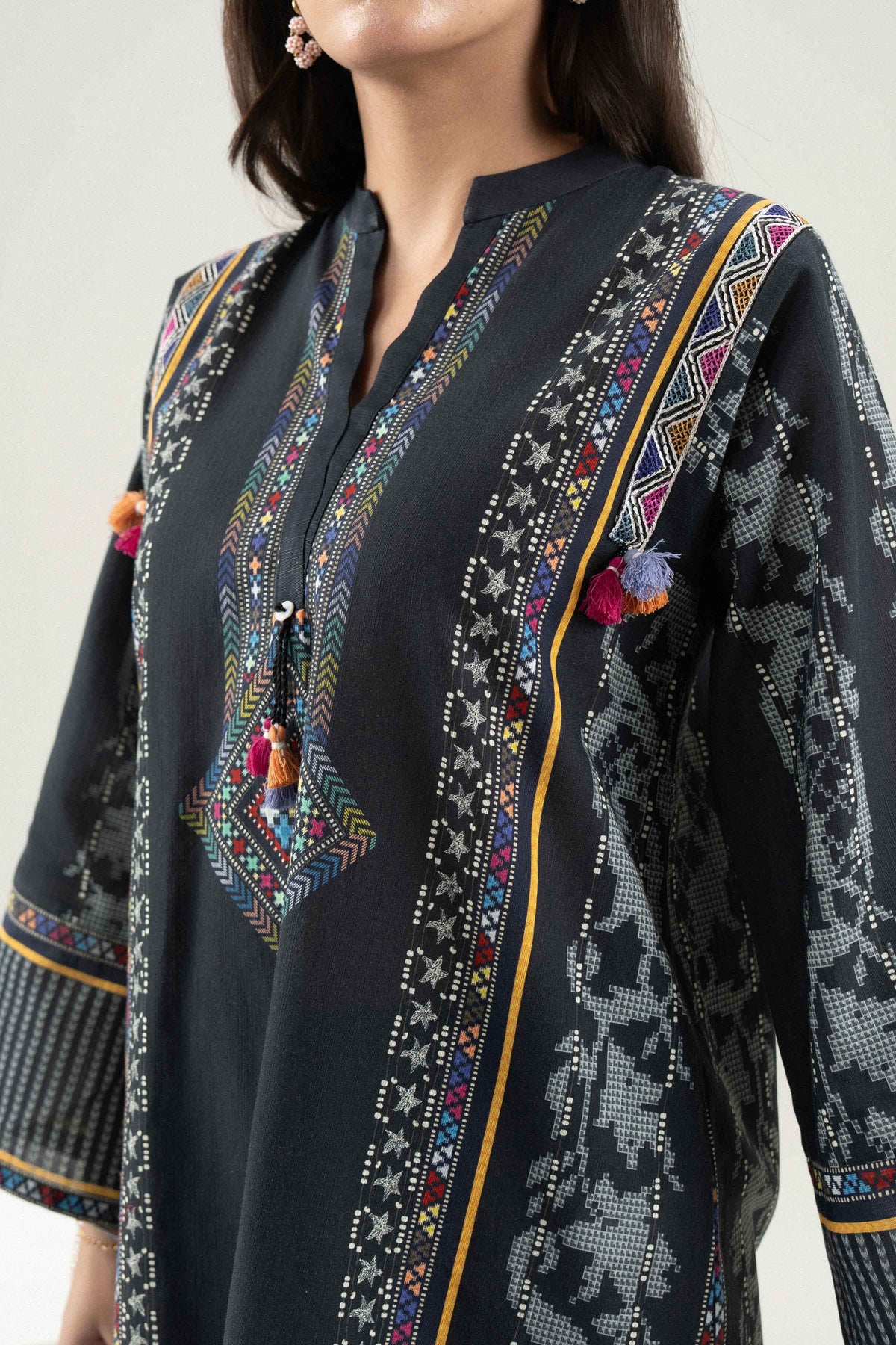 Black 3-Piece Printed Embroidered Suit in Khaddar ready-to-wear