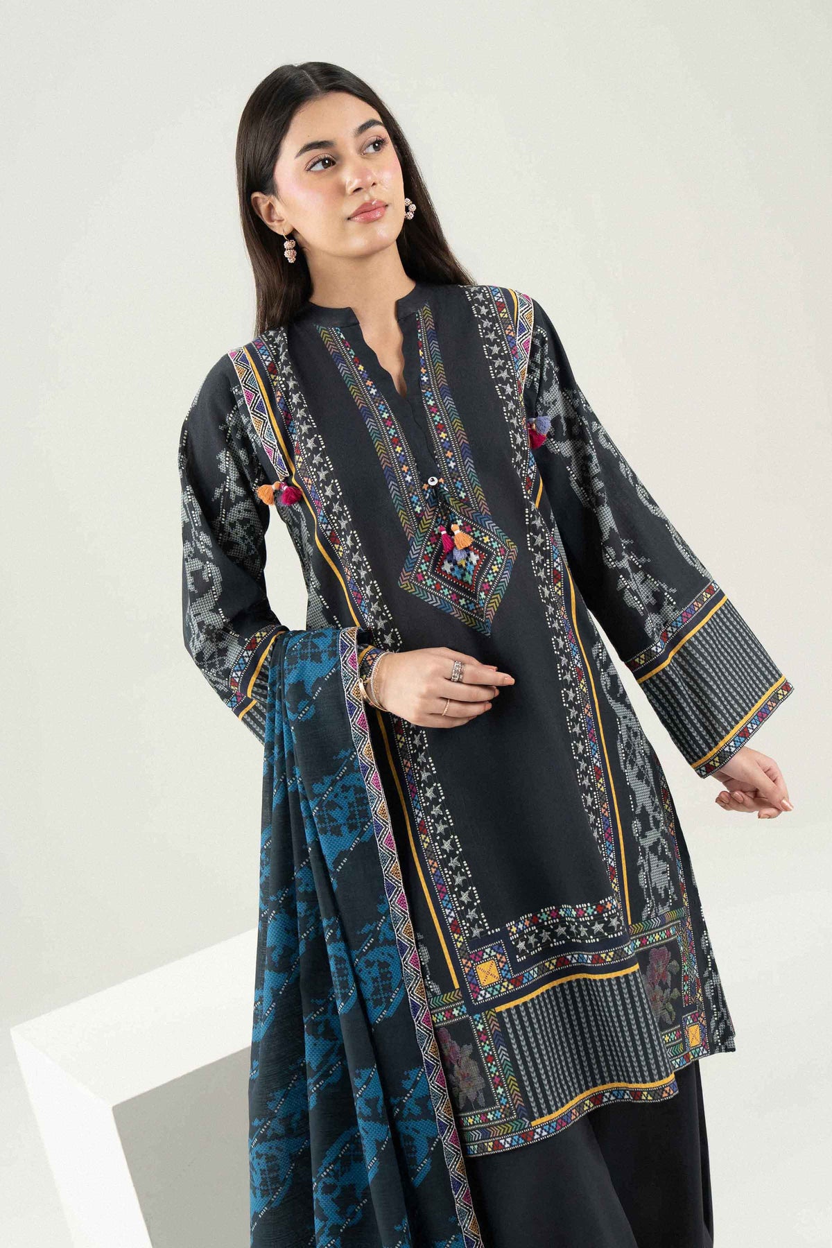 Black 3-Piece Printed Embroidered Suit in Khaddar ready-to-wear