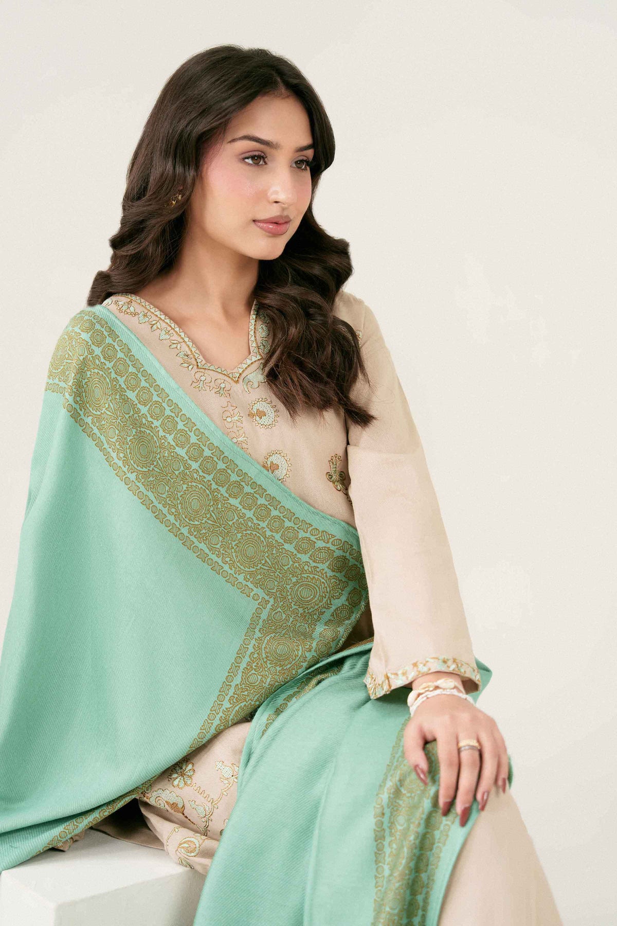 Beige 3-Piece Embroidered Suit in Twill ready-to-wear