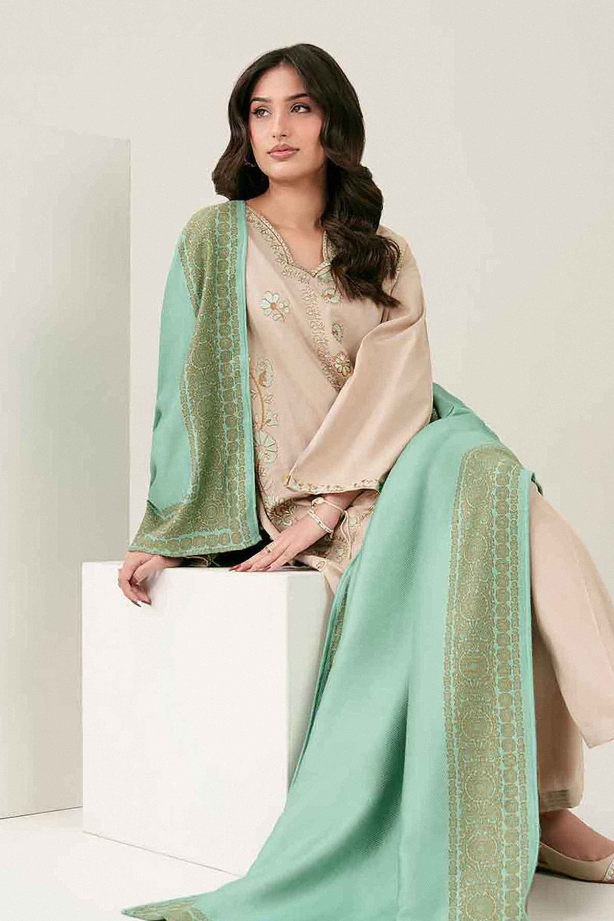 Beige 3-Piece Embroidered Suit in Twill ready-to-wear