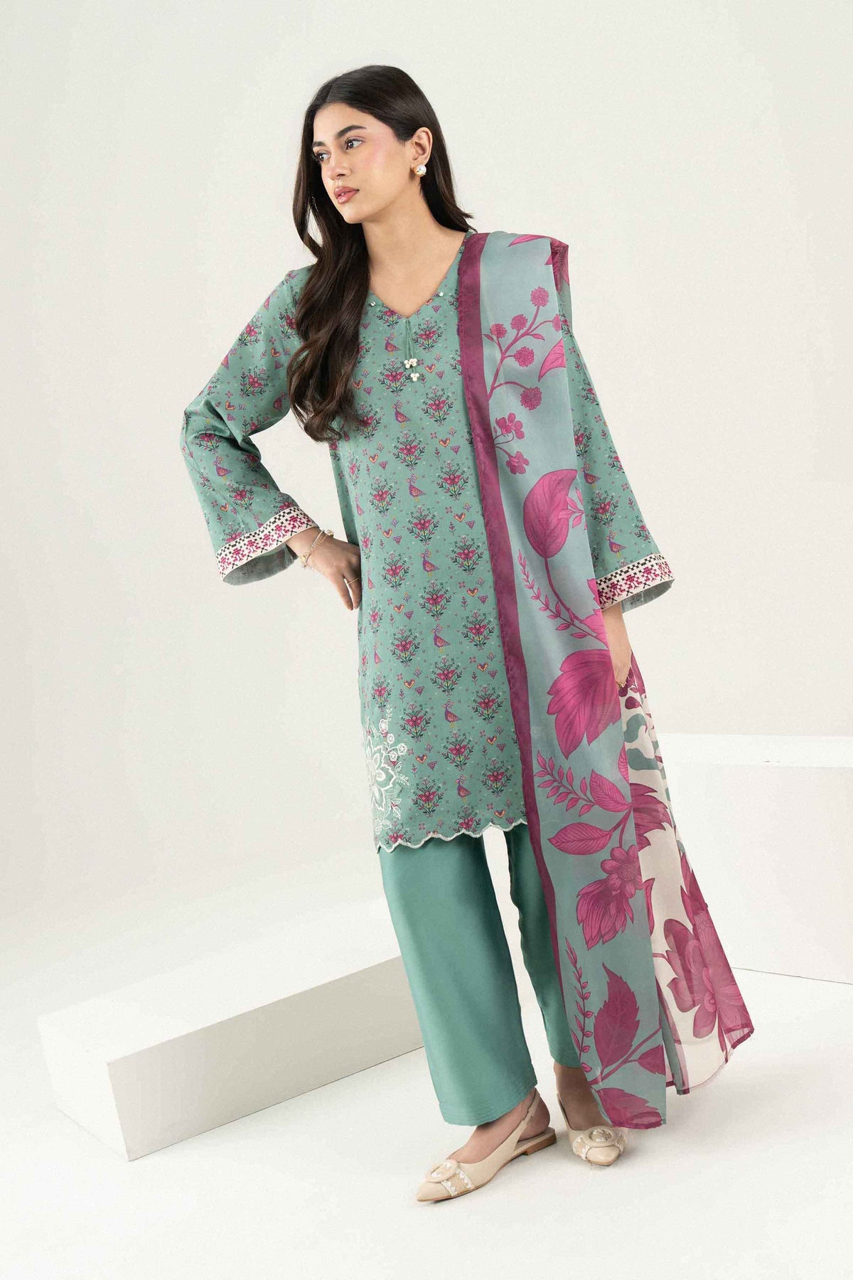 Green 3-Piece Printed Embroidered Suit in Satin ready-to-wear