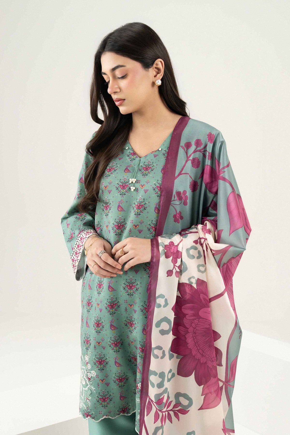 Green 3-Piece Printed Embroidered Suit in Satin ready-to-wear