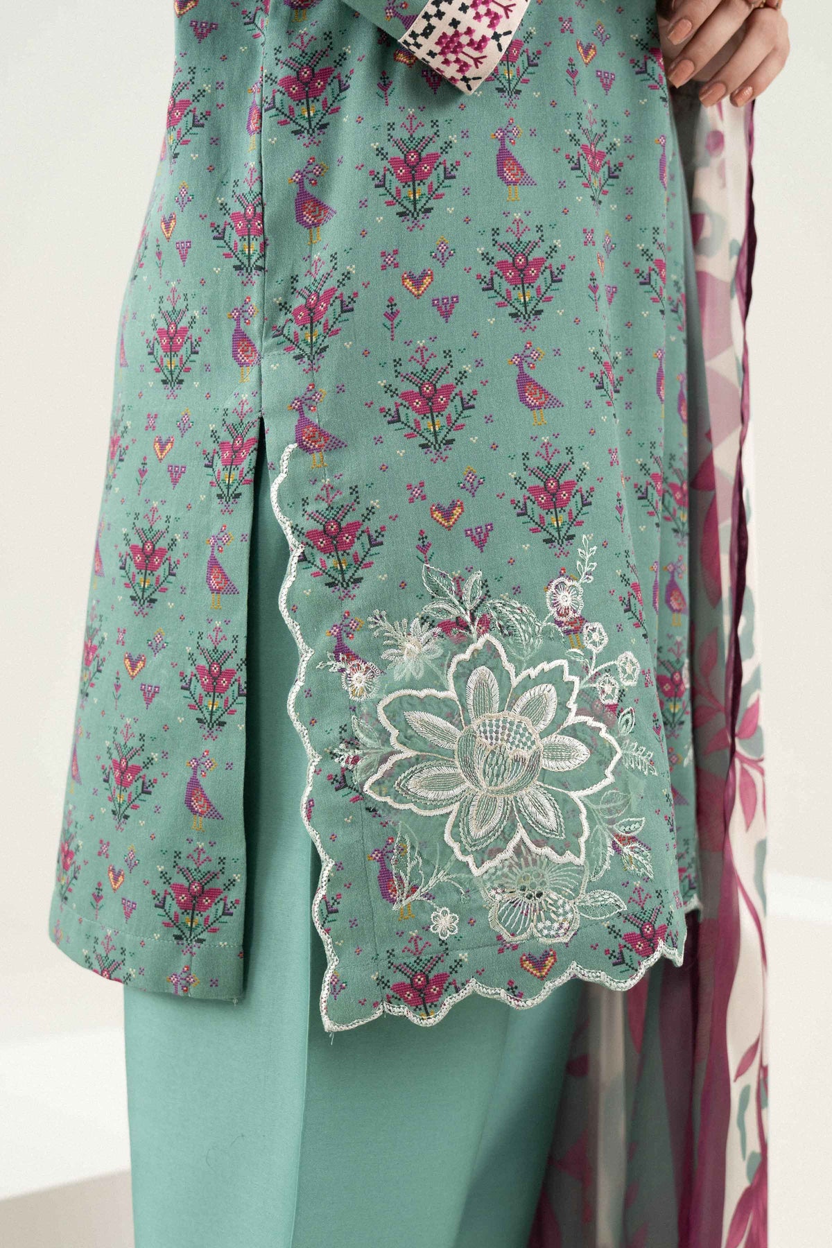 Green 3-Piece Printed Embroidered Suit in Satin ready-to-wear