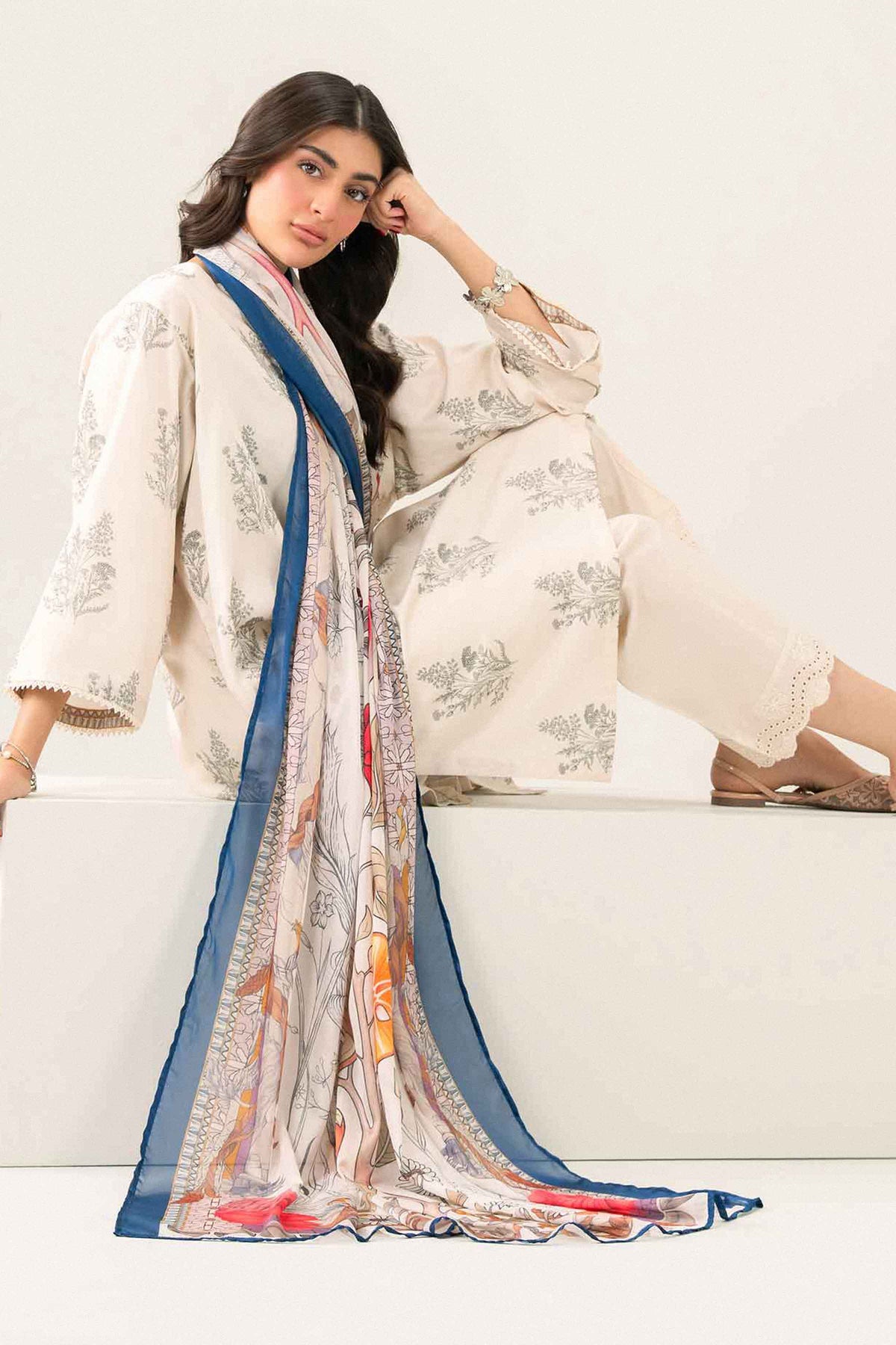 Off White 3-Piece Printed Embroidered Suit in Satin ready-to-wear